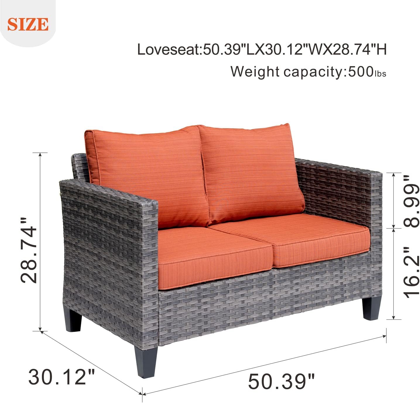 ovios Patio Sofa Loveseat, 2-Seater Outdoor Wicker Rattan Sofa Couch, All Weather High Back Deep Seat Patio Seating with Comfy Cushions for Porch Garden Deck, Orange Red