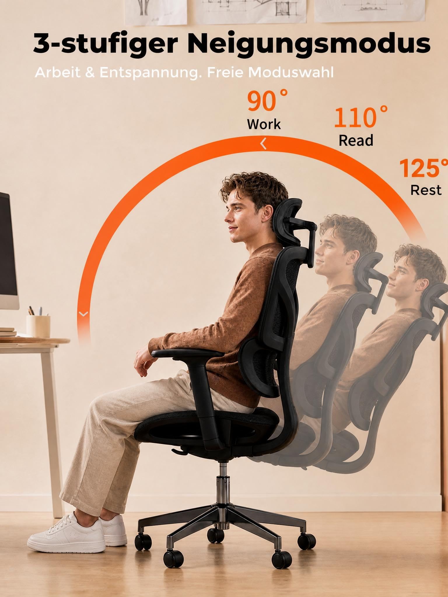 Garvee Chefsessel Bürostuhl, Ergonomischer Bürostuhl, 4D-verstellbare Armlehnen, Verstellbare Rückenlehne mit arretierbarem Neigungswinkel, Robustes Stahlfußkreuz, Drehstuhl 160 kg