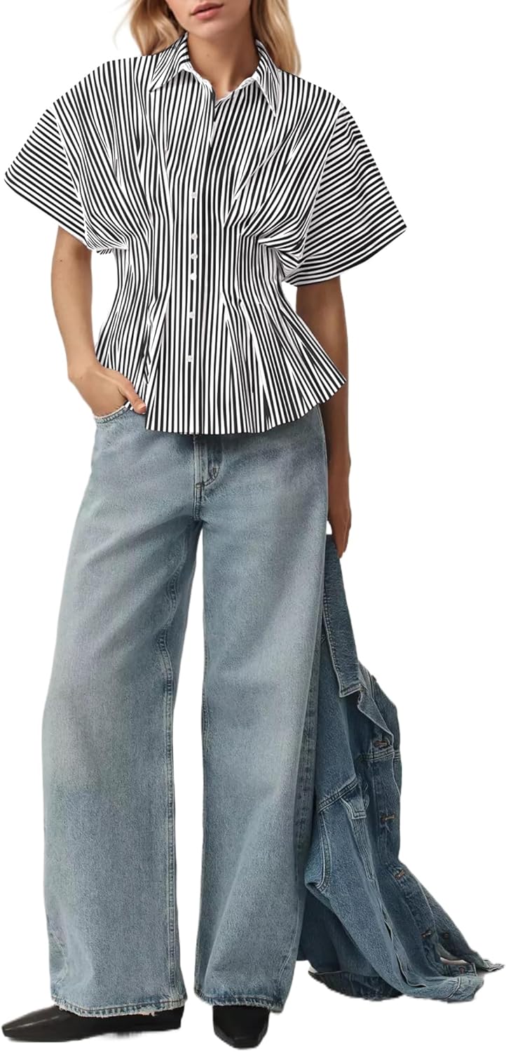 Womens Striped Shirts Button Down Short Sleeve Pleated Peplum Blouses Dressy Casual Lapel Tops Summer Business Shirt - Image 4