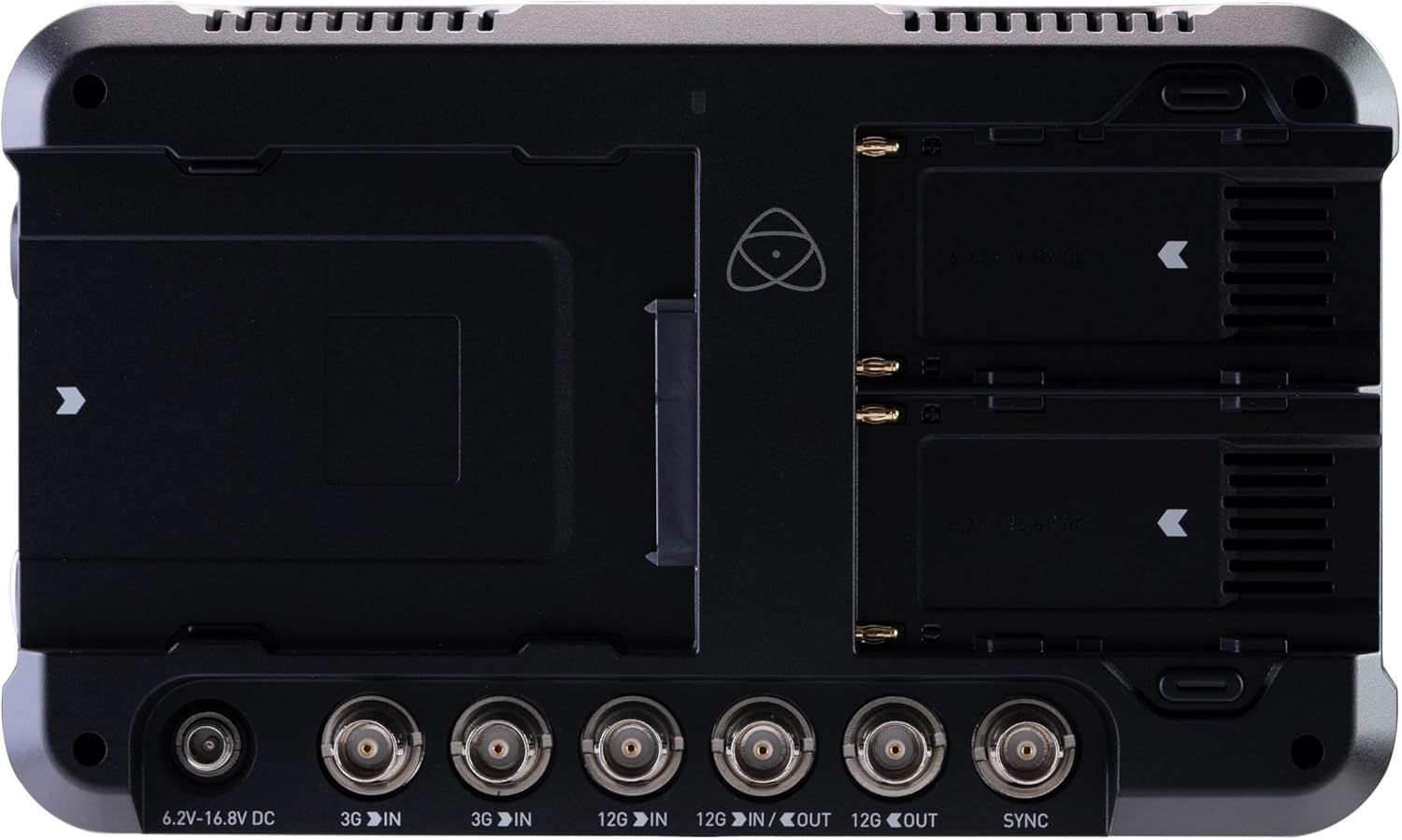 Atomos Shogun 7 back view showing battery slots and SDI ports