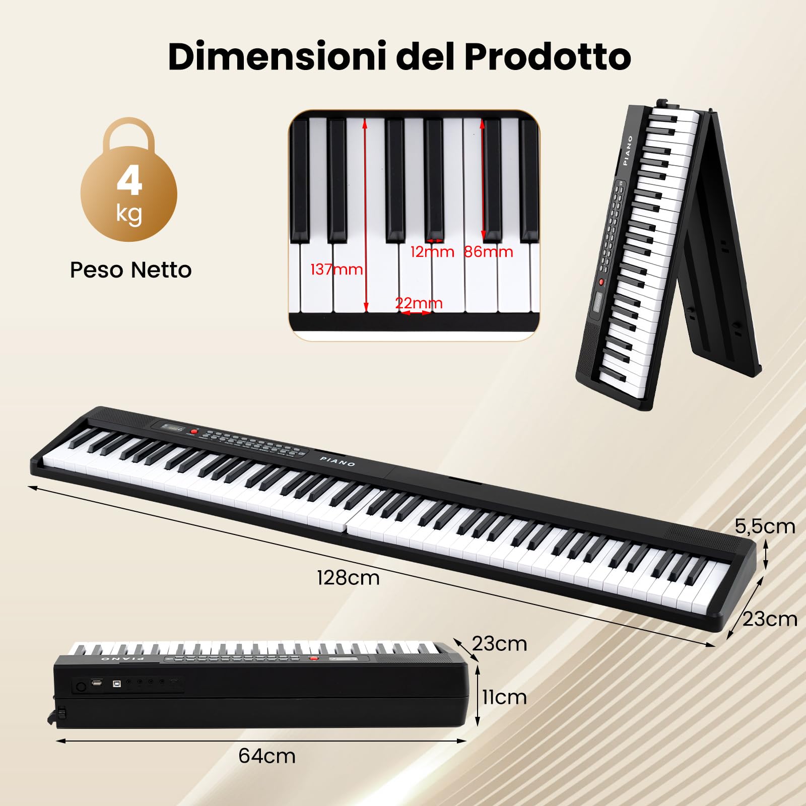 COSTWAY Pianoforte Digitale 88 Tasti, Tastiera Elettronica con 1000 Ritmi, 1000 Timbri, 150 Canzoni, Pianoforte Elettronica Pieghevole con Doppi Altoparlanti, MP3/USB/MIDI, per Principianti Bambini