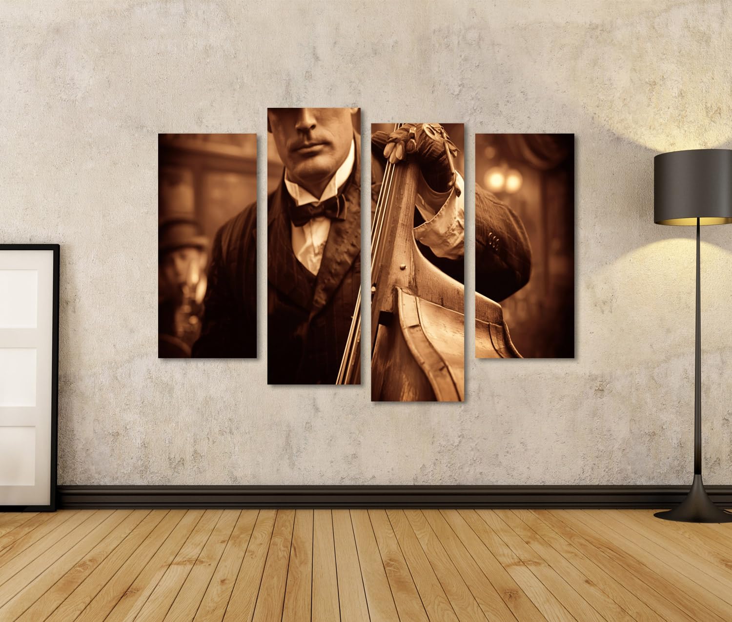islandburner Quadro su tela di contrabbasso nostalgico jazz club murale soggiorno per gli appassionati di musica – 4 pezzi