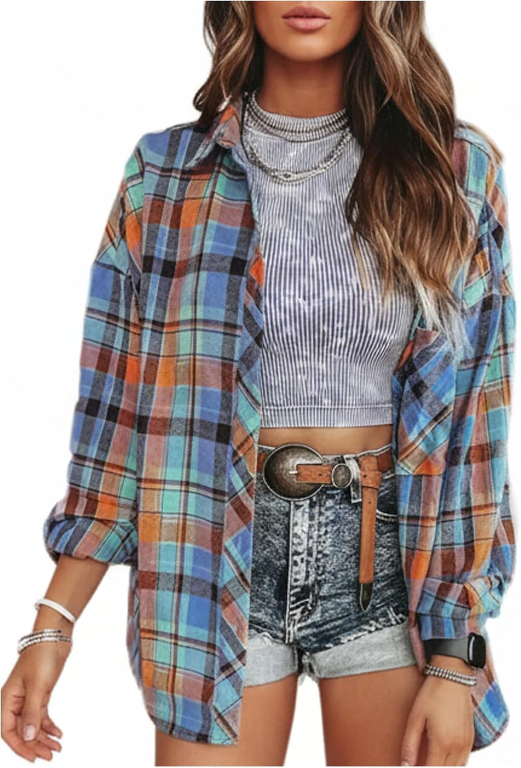Women's Colorful Plaid Blouses Collared Long Sleeve Shirts Preppy Outerwear