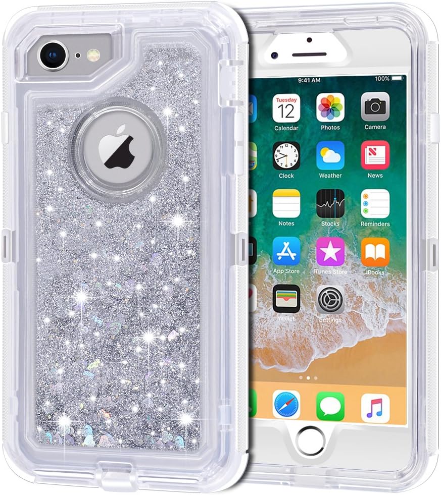 Anuck Case for iPhone 8 Case, for iPhone 7 Case (4.7 inch), 3 in 1 Hybrid Heavy Duty Defender Case Sparkly Floating Liquid Glitter Protective Hard Shell Shockproof TPU Cover - Silver
