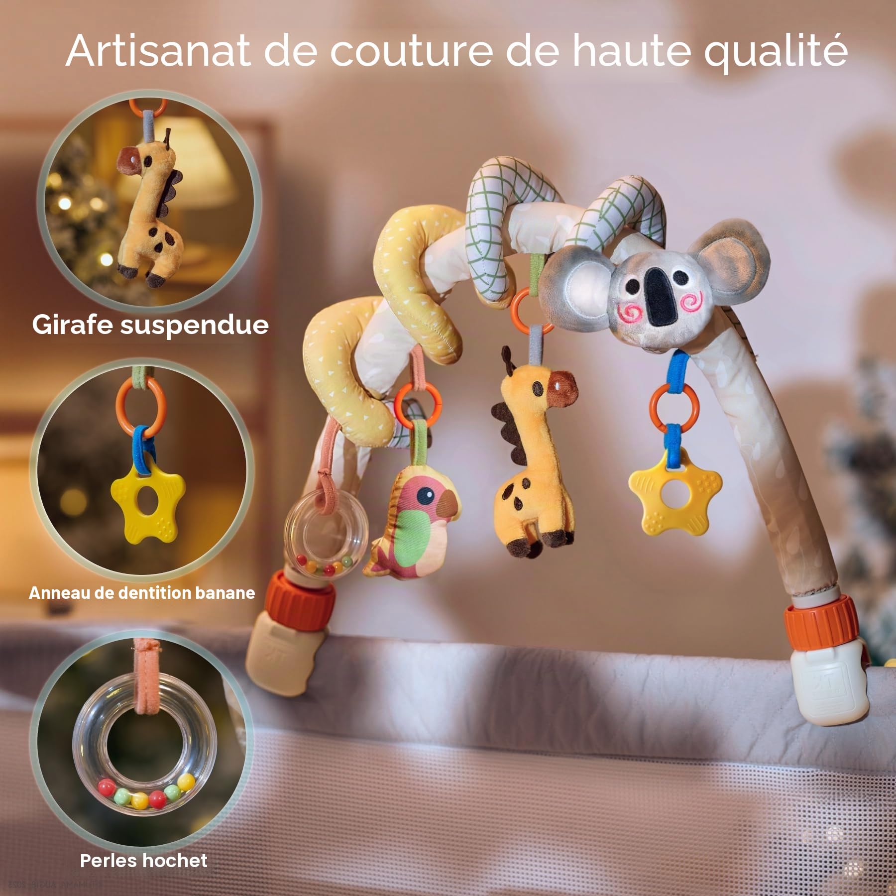 TUMAM 2-in-1 Spirale D'activité Bébé avec Arche Eveil Jouet Poussette pour Bebe 0 3 6 9 Mois, Jeux Eveil Suspendu avec Hochet Et Anneaux De Dentition pour Auto, Stroller Arch, Berceau, Peluche Cadeau