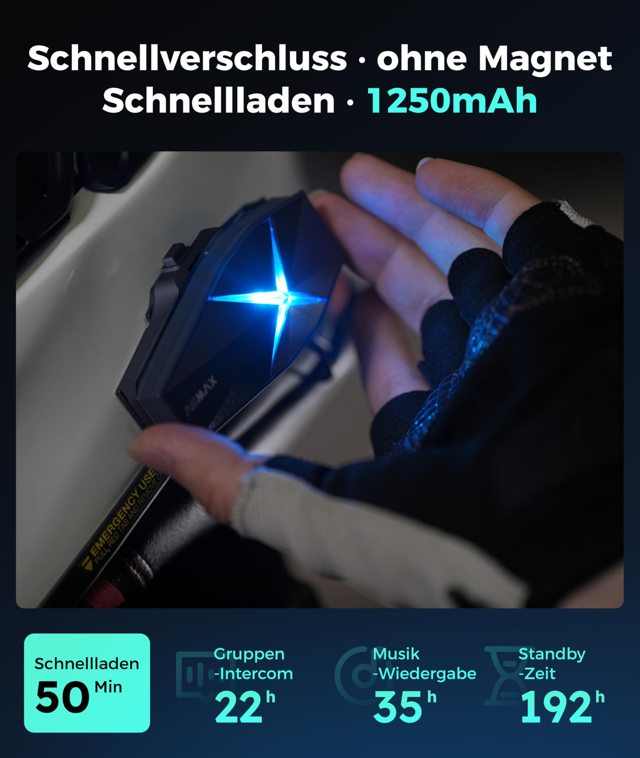 ASMAX F1s Motorrad Bluetooth Headset für 10 Fahrer, Mesh Motorrad Kommunikationssystem, Deutsche Sprachsteuerung, 50 Min. Schnellladung, ENC-Geräuschunterdrückung, Universal Pairing, Einzelpack