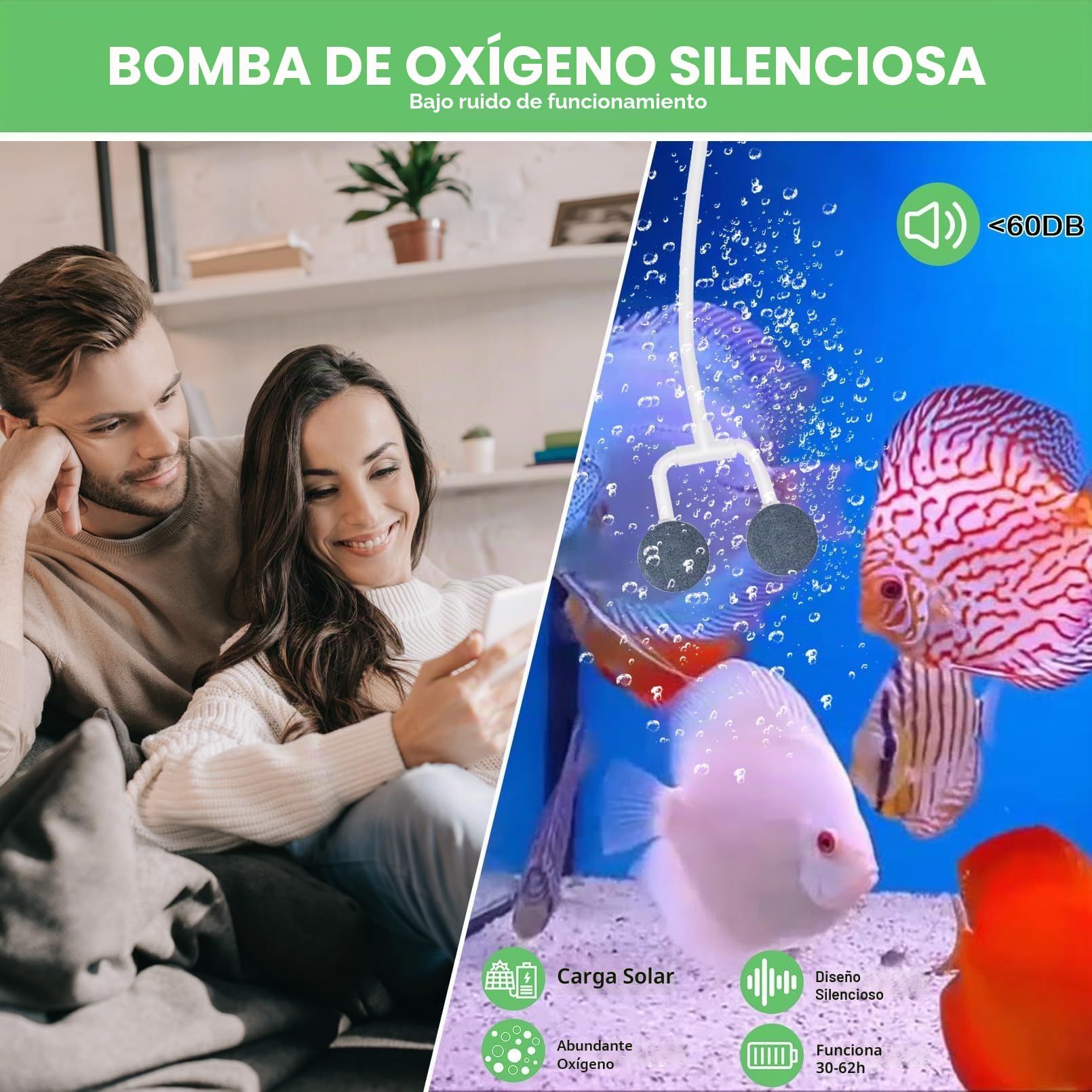 Bomba solar Sauerstoffpumpe, aireador solar de 2 W para estanque con batería de respaldo de 2200 mAh, bomba de aire hidropónica, adecuada para pesca al aire libre, estanques, acuarios