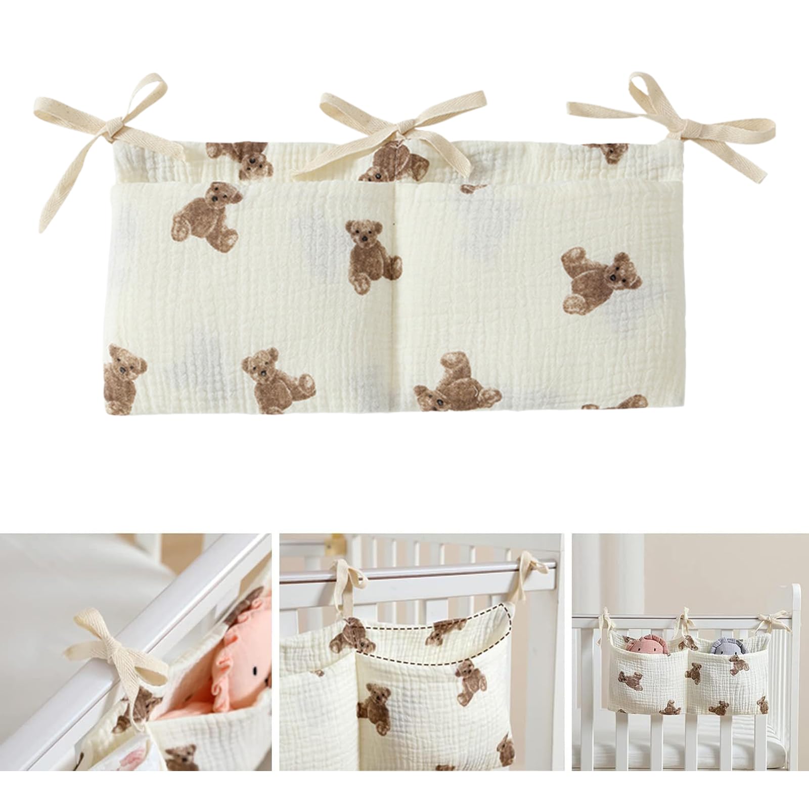 Wisebom Crib Storage Pocket Hanging Bed Organiser, 2Pcs 100% Cotton Baby Storage Organiser Nappy Organizer Bag - Image 3