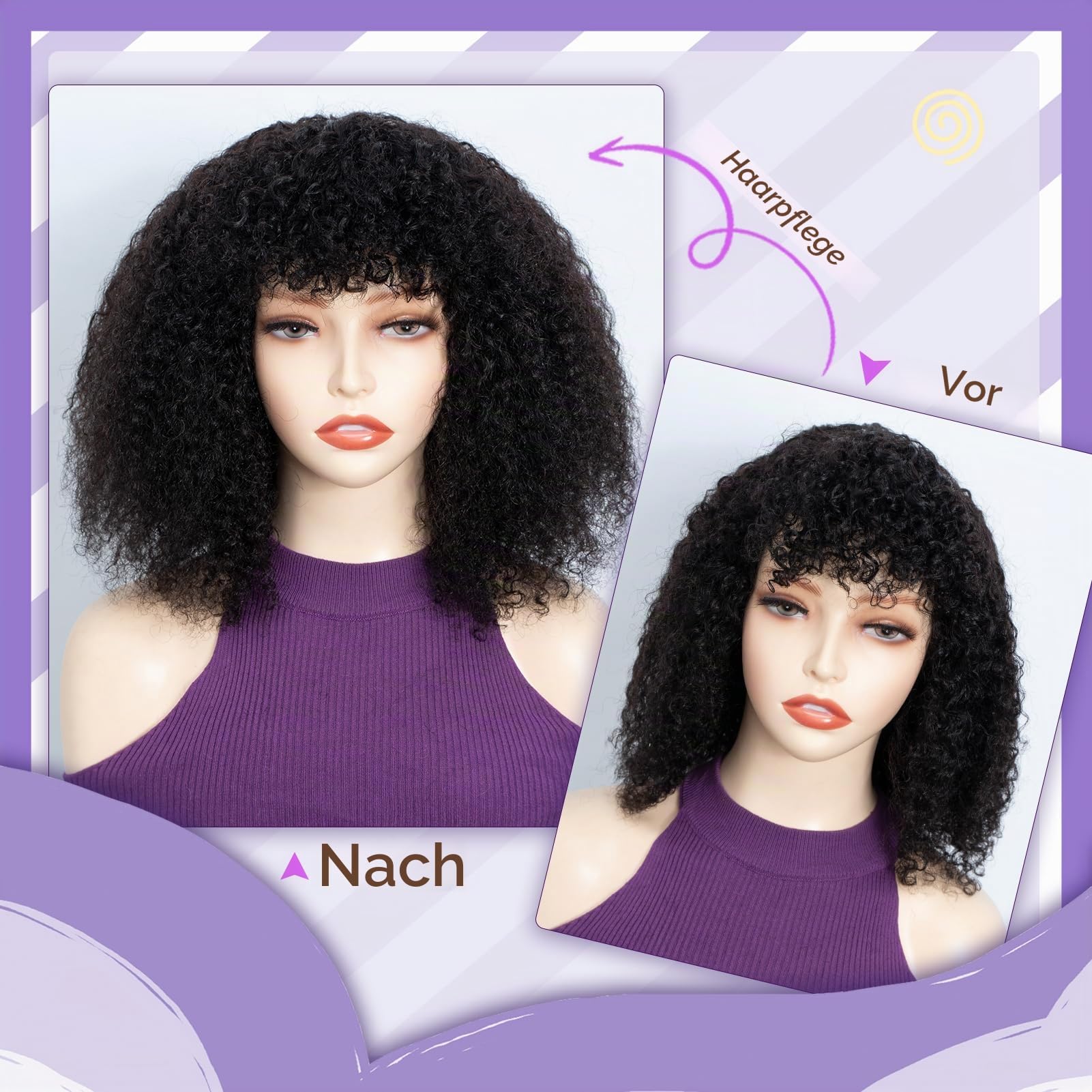FASHION IDOL Kurzer lockiger Bob Echthaarperücken mit Pony Jerry Curl Brasilianisches Echthaar Keine Lace-Front-Perücken für Frauen Maschinell gewebt Braun 30CM