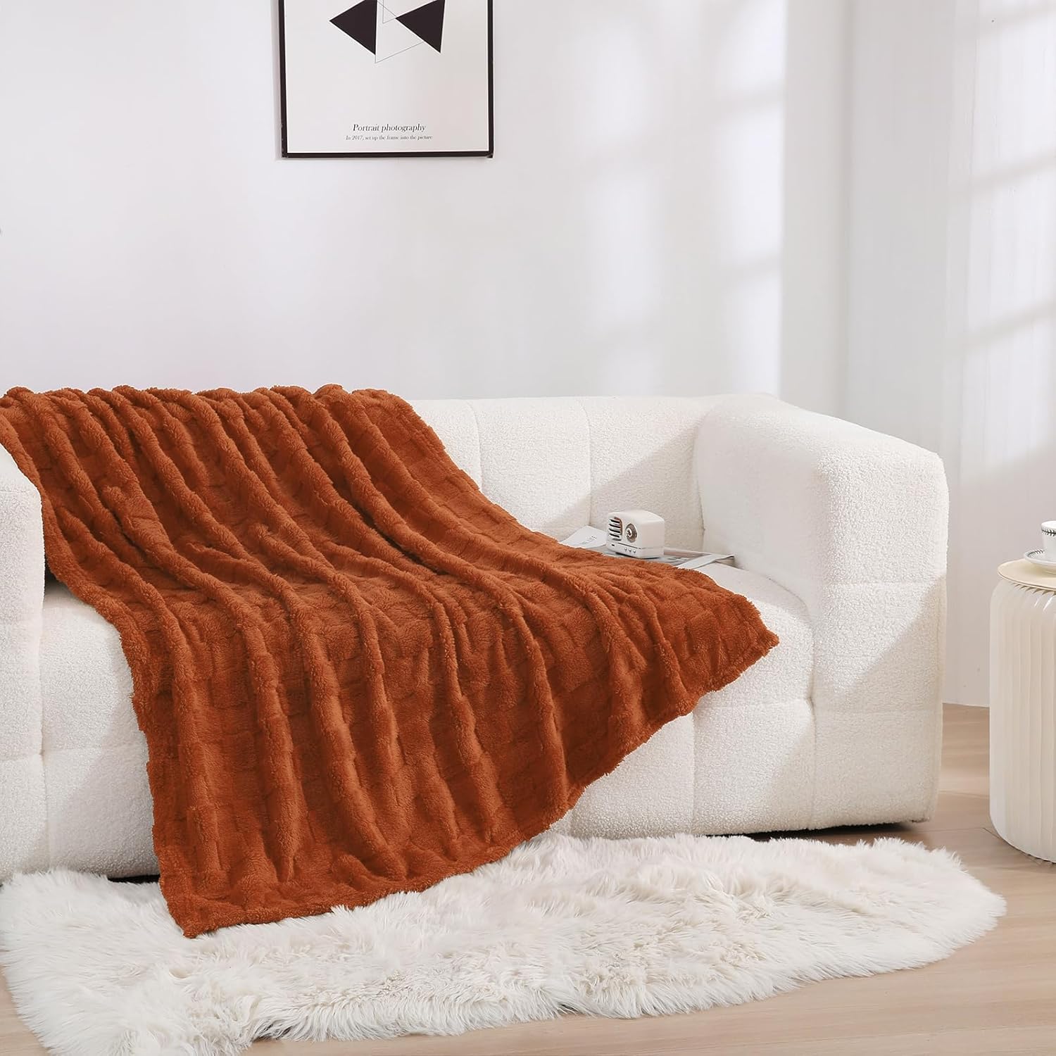 Burnt Orange Fleece Throw Blanket 50”×60” for Couch Sofa Bed,Super Soft Cozy Plush Microfiber Flannel Blanket with 3D Checkered Design Lightweight for Adults,Woman,Girls - Image 2