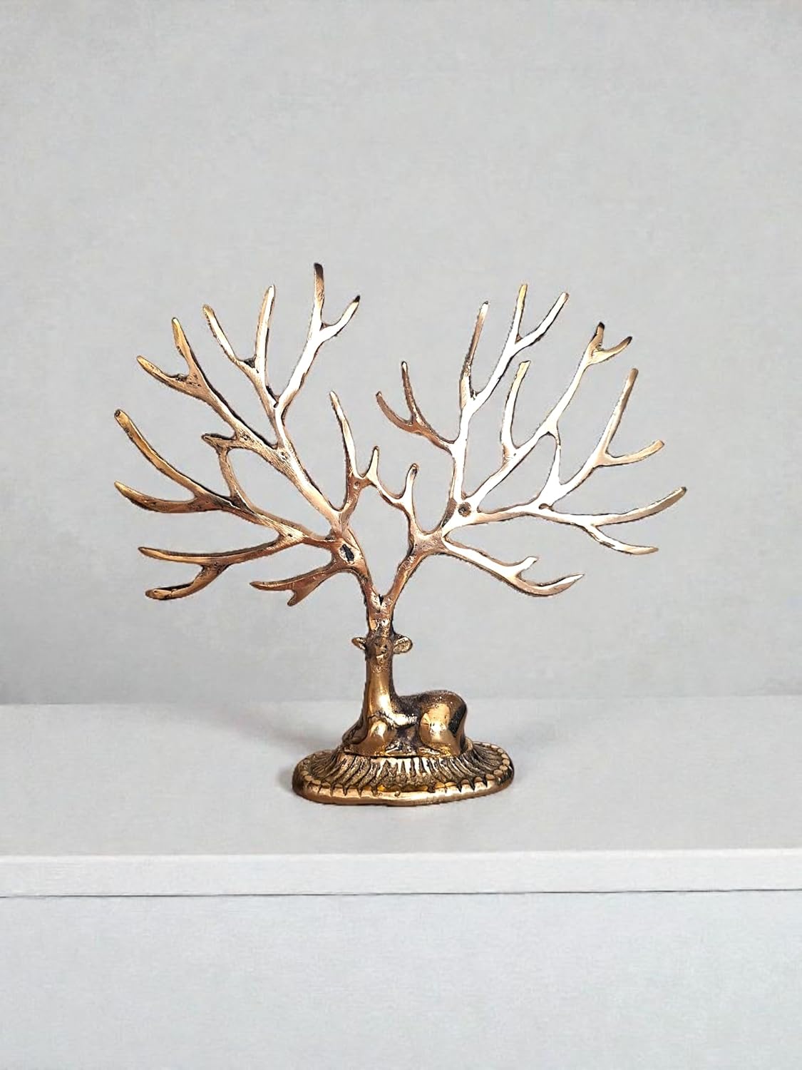 8.2in Handcrafted Brass Deer Jewelry Stand, Gold, Tree Shaped Jewelry Organizer, Handcast Tabletop Decor