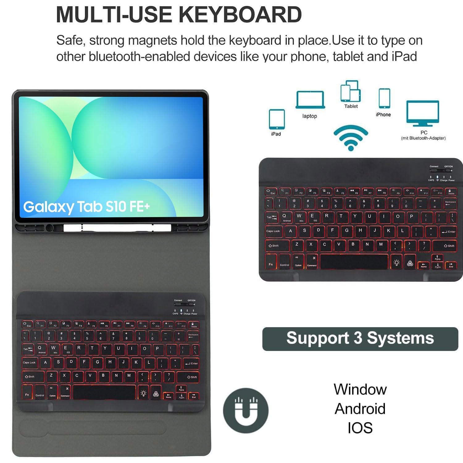 Funda con Teclado para Samsung Galaxy Tab S10 Fe+ Plus 13,1" 2025 Modelo (SM-X620/X626), Teclado Español Ñ Extraíble con Retroiluminación 7 Colores, Soporte para S Pen Y Ratón,Negro