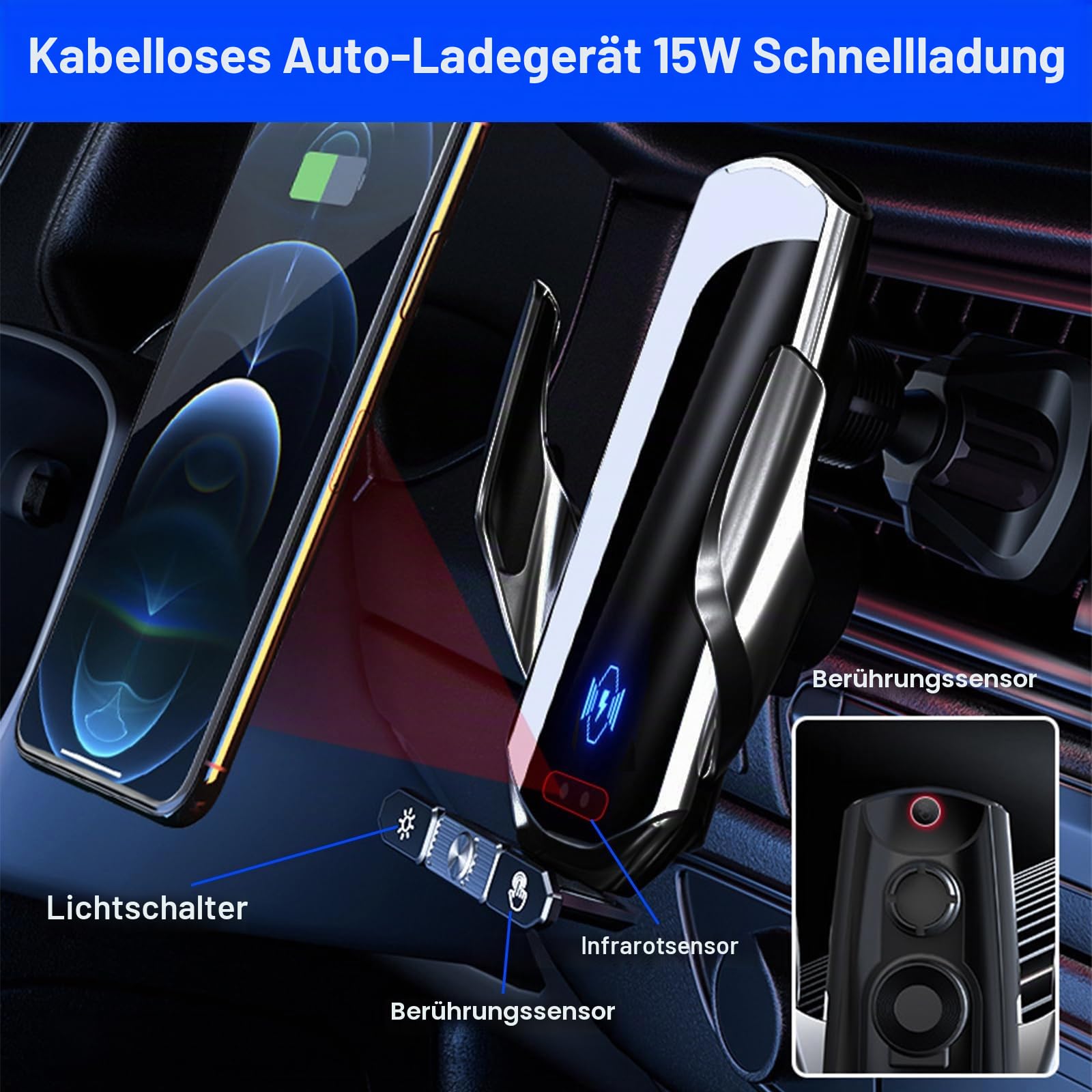 15w Handyhalterung Auto mit Ladefunktion,Kfz Ladegerät Induktive,Autohalterung Lüftung,Automatische Klemmung Handyhalterung Auto Induktives Laden für iPhone Samsung Huawei Lg Usw,Schwarz