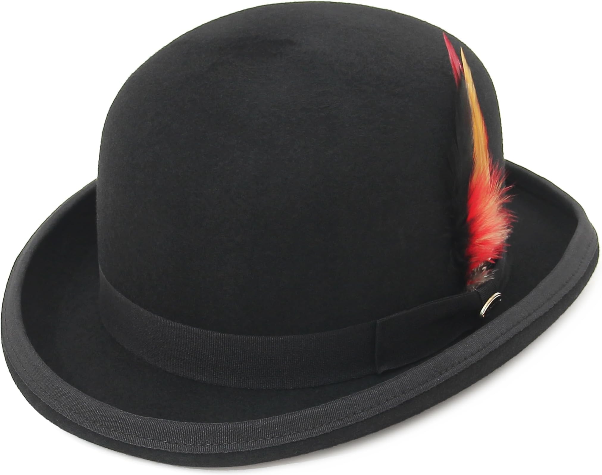Men's Bowler Derby Hat 100% Wool Bowler Hats for Men with Feather Black Derby Hat Satin Lined