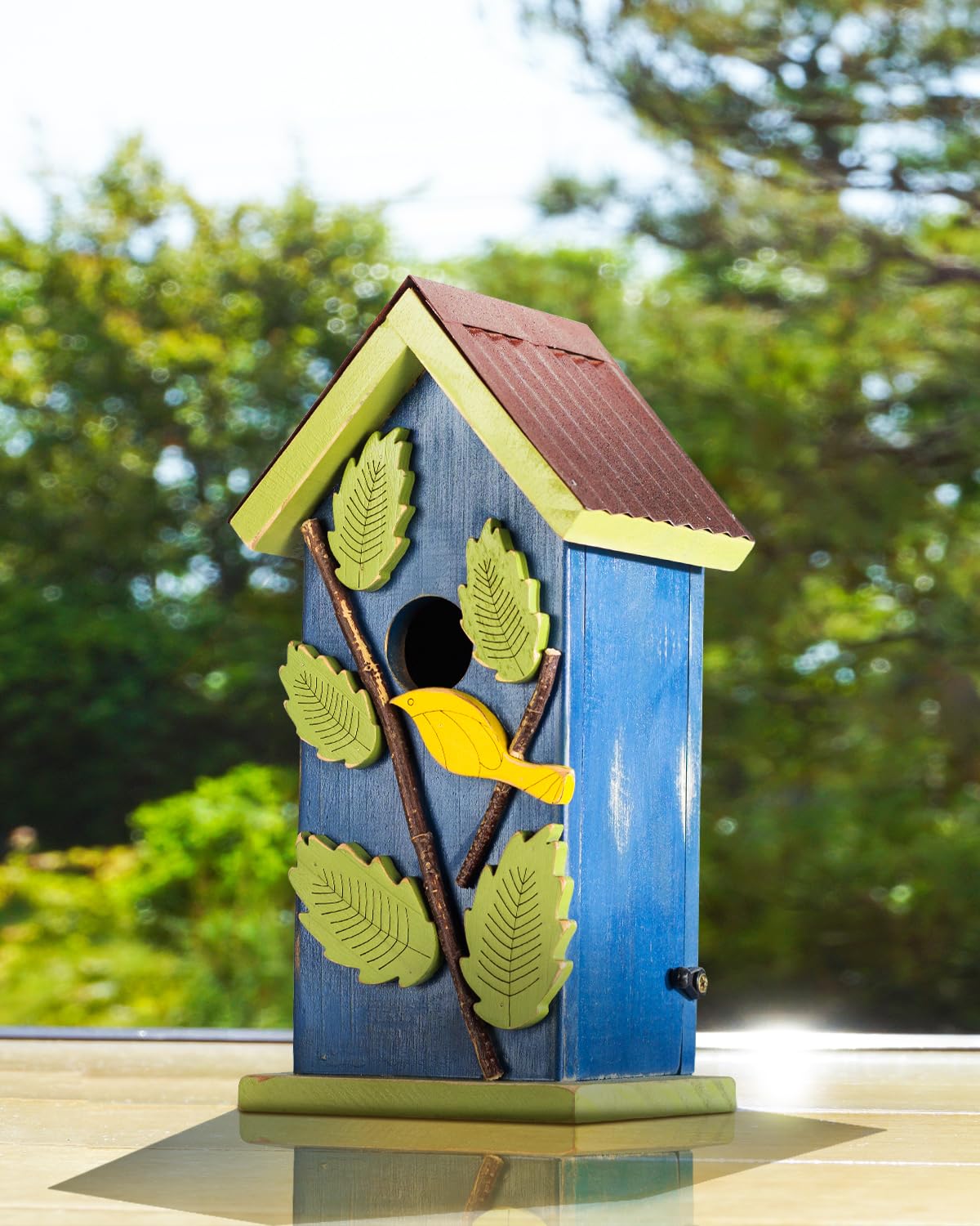 2025 Blue Bird House for Outside, Cedar Wood Bird Houses for Outdoor, Wall Pole Post Mounted, Metal Roof Longtime Weatherable, Colorful Vintage Style Nest Box,1.25" Entrance Hole Spring Chirping