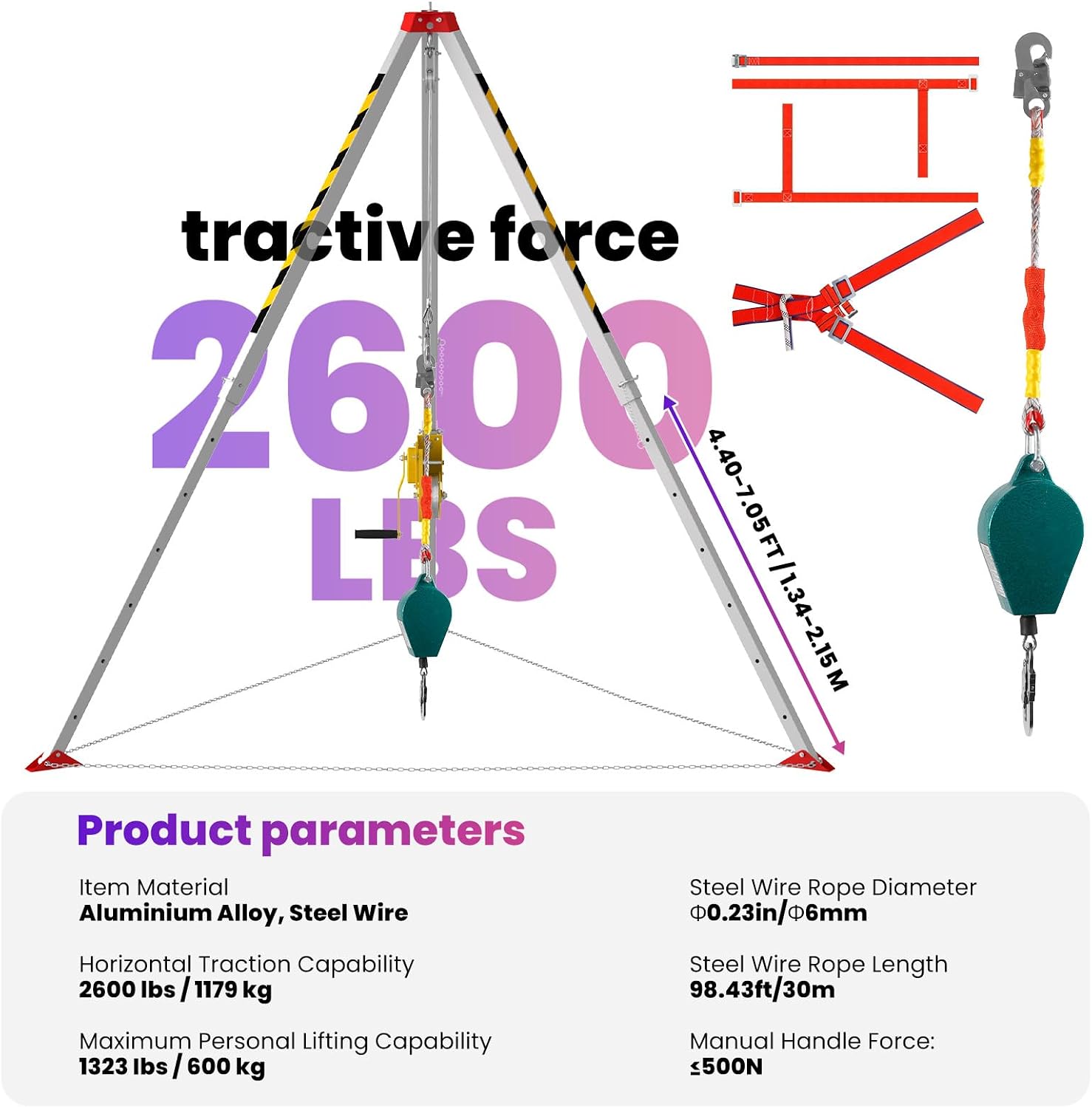 Confined Space Rescue Tripod Kit with 2600 lbs Winch, Confined Space Tripod with 98' Cable and 7' Legs Bracket, Ideal for Fall Protection and Rescue Operations