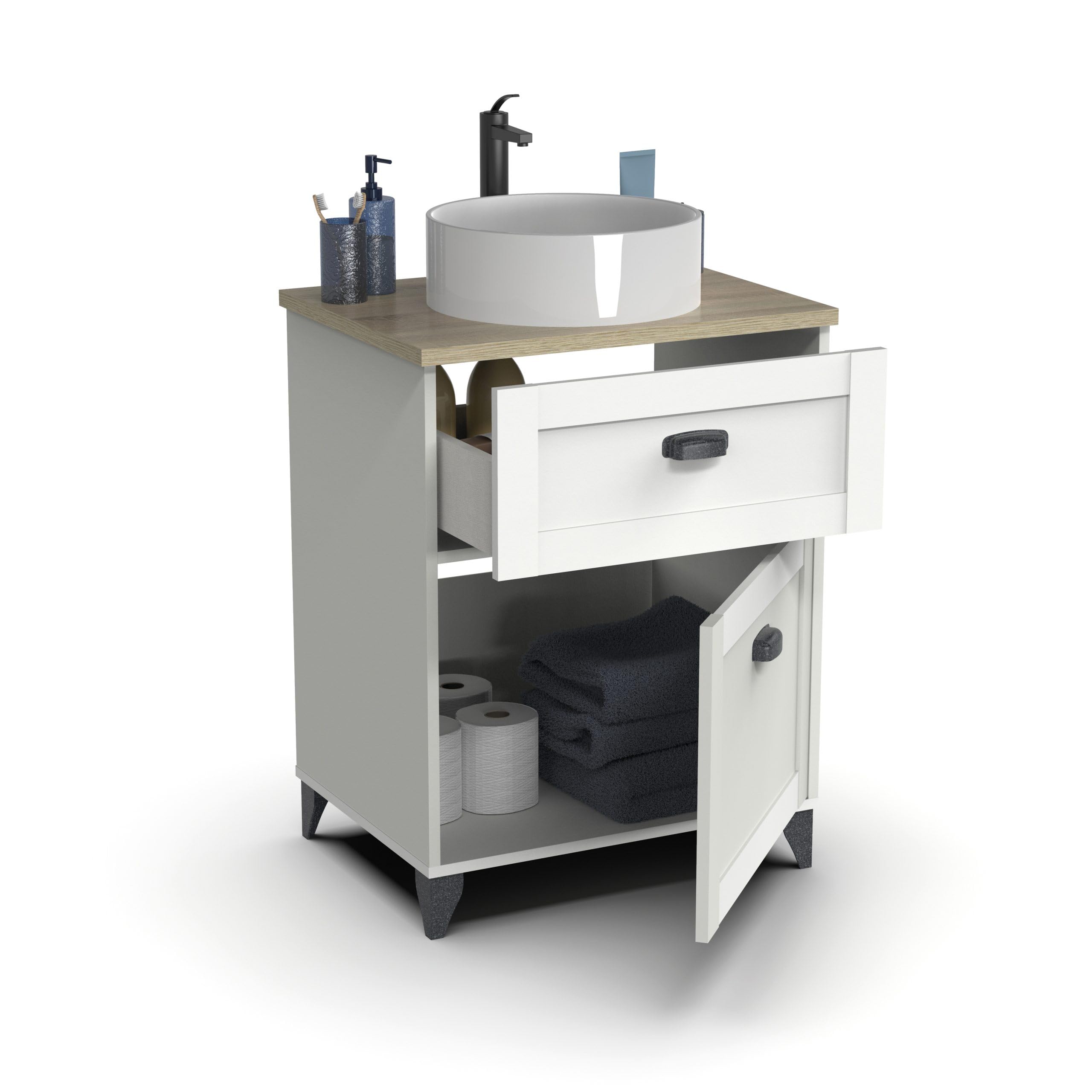 MUEBLES PITARCH Mobile da bagno 60 cm larghezza con gambe, cassetto guide chiusura morbida, 1 porta, per lavabo da sovrapposizione, bianco e rovere cambriano, stile vintage modello Toscana