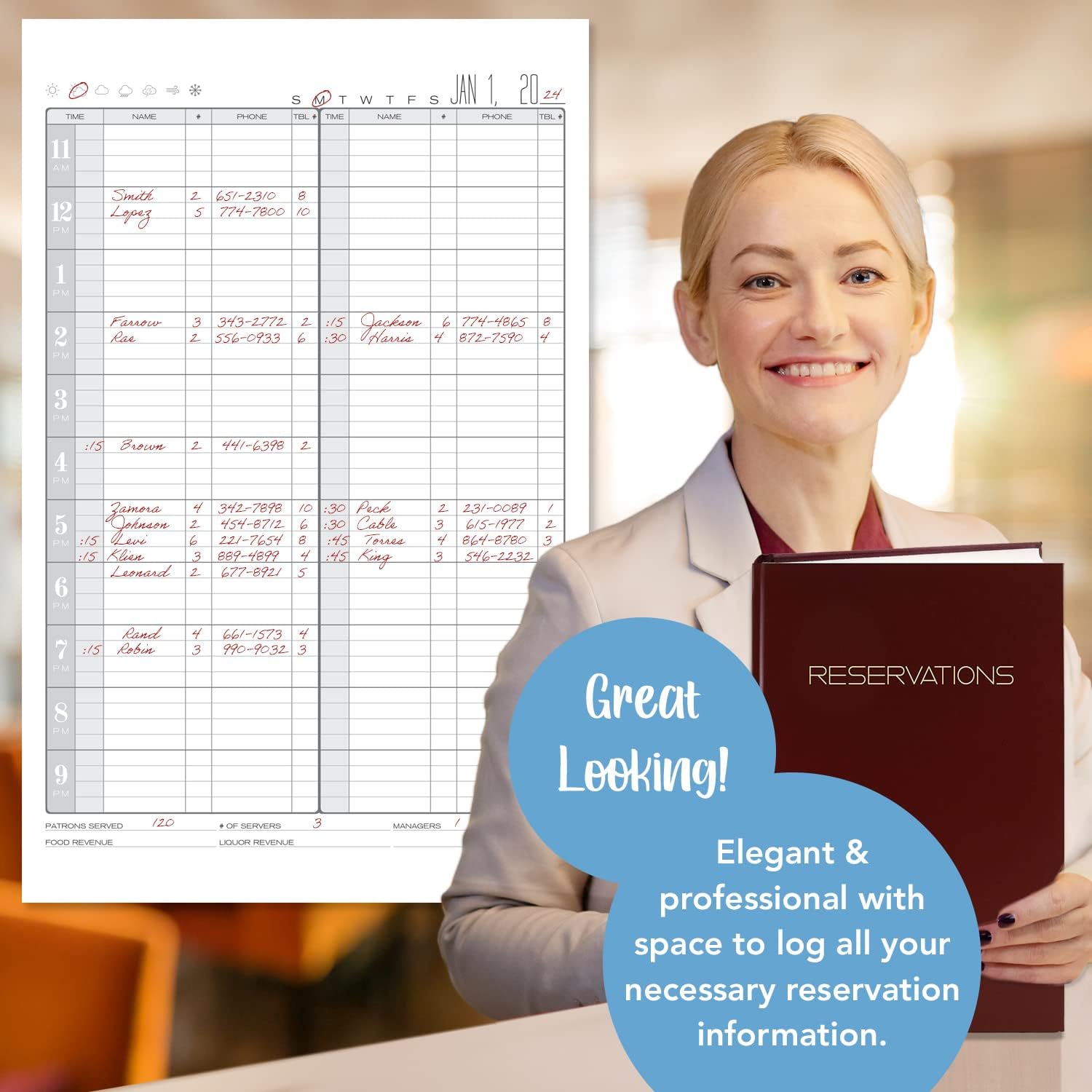 BookFactory Restaurant Reservations Book, 365 Day Table/Dinner Reservations 408 Pages 8 7/8'' x 13 1/2'' Burgundy Imitation Leather, Section Sewn Hardbound (Made in USA)