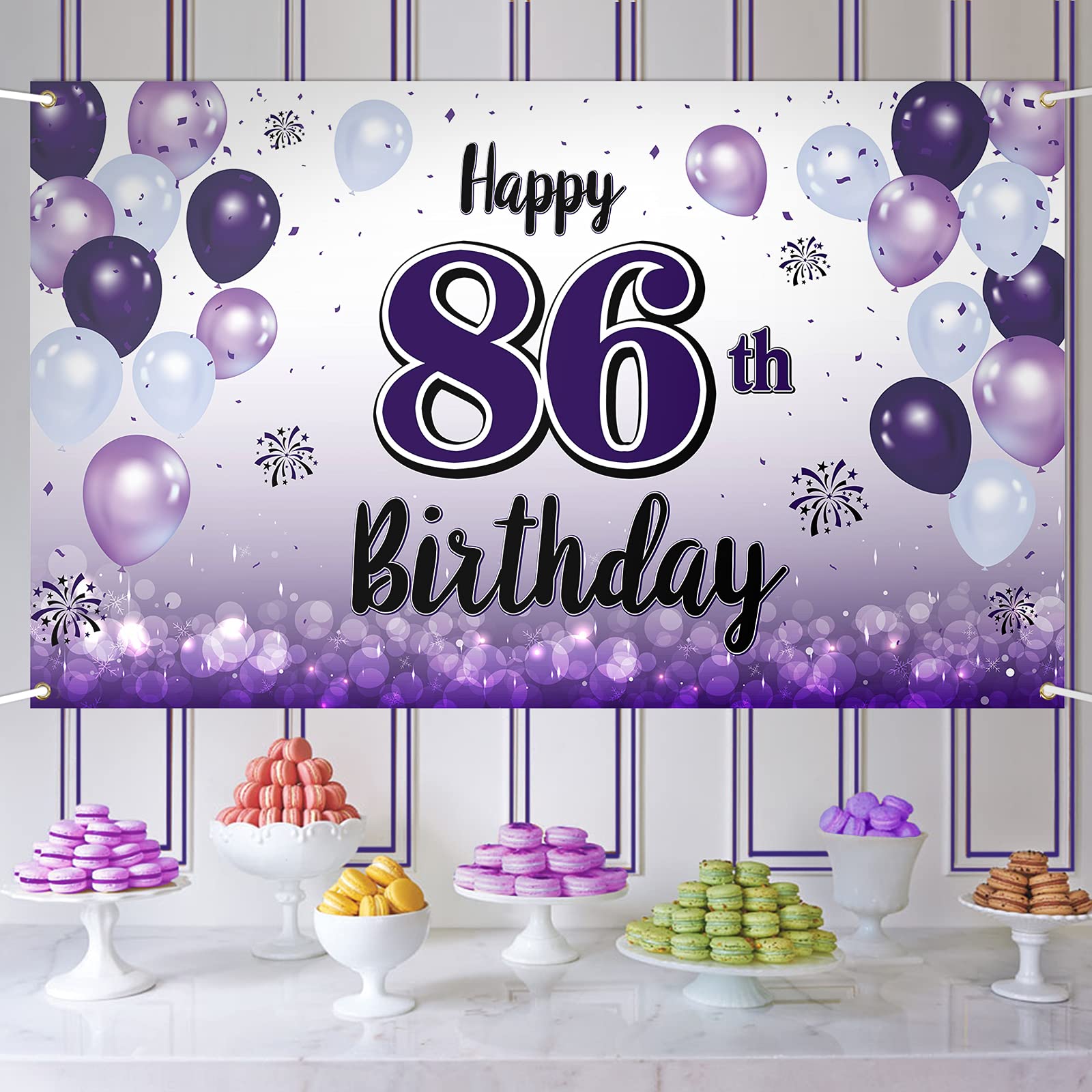 LASKYER Happy 86th Birthday Decorations,86th Purple Balloon Large Birthday Banner Backdrop Sign - Cheers to 86 Years Old Bday Party Supplies.