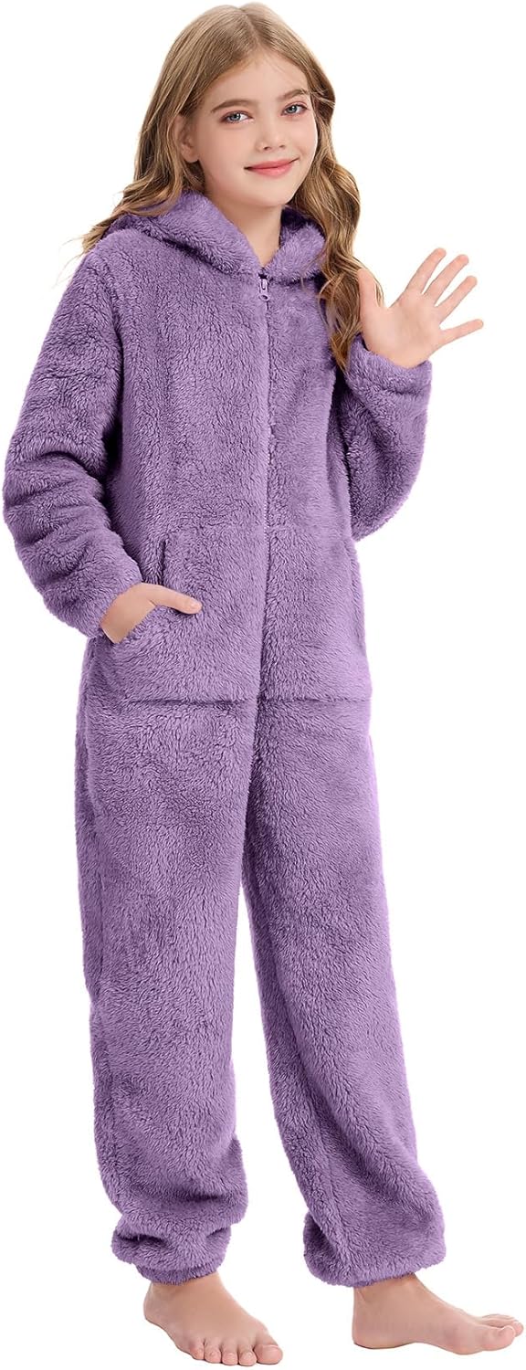 COZYPOIN Unisex Kids Fleece Jumpsuits Girls Fuzzy Hooded Rompers Zip Up One Piece Costume Warm Cute Clothes for 5-14 Y
