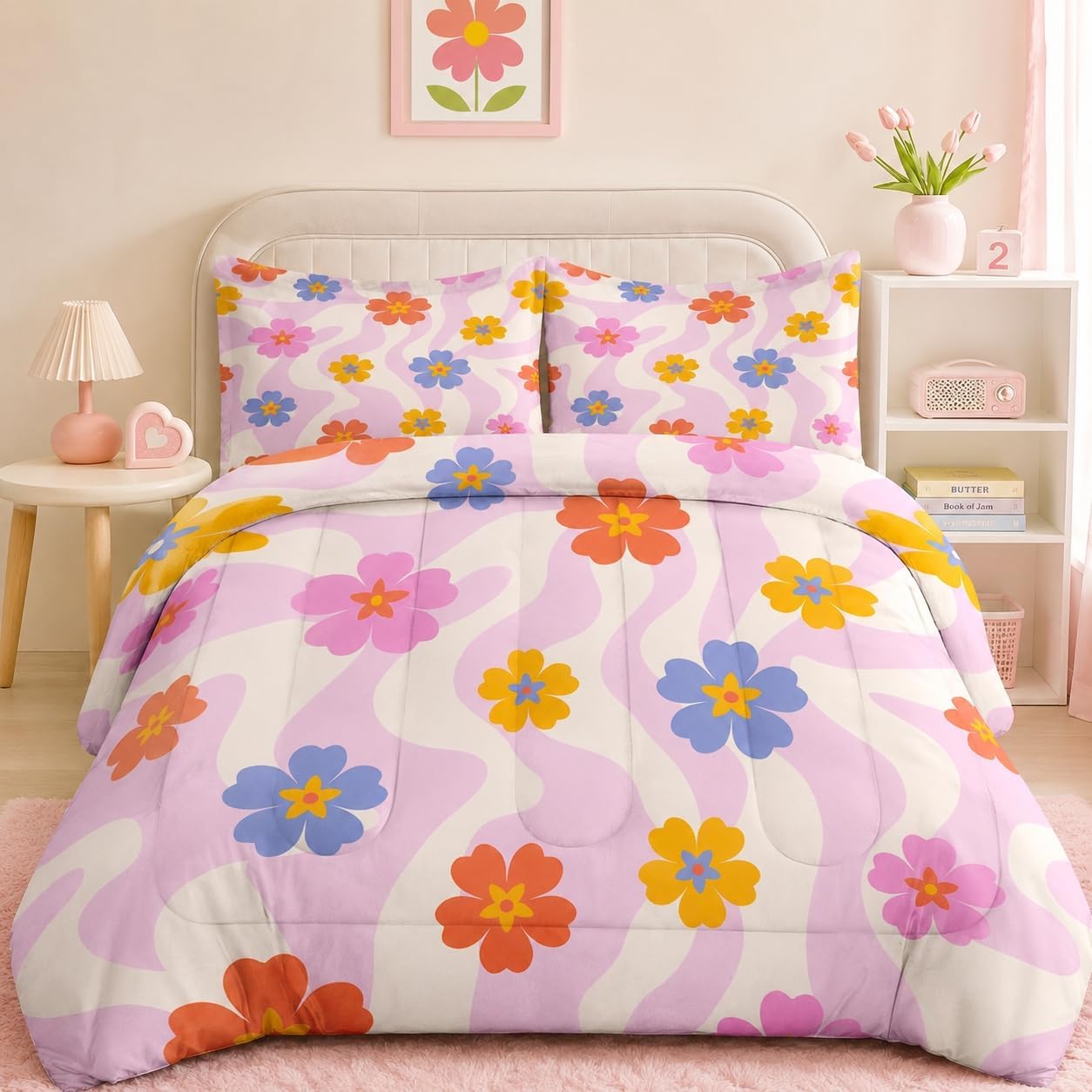Pamnest Comforter Set Queen Size, Retro Daisy Pink 3 Pcs Soft Bedding for Kids and Adults, Hippie Aesthetic Kids Comforter Set with Pillowcase, for Bedroom Bed Decor