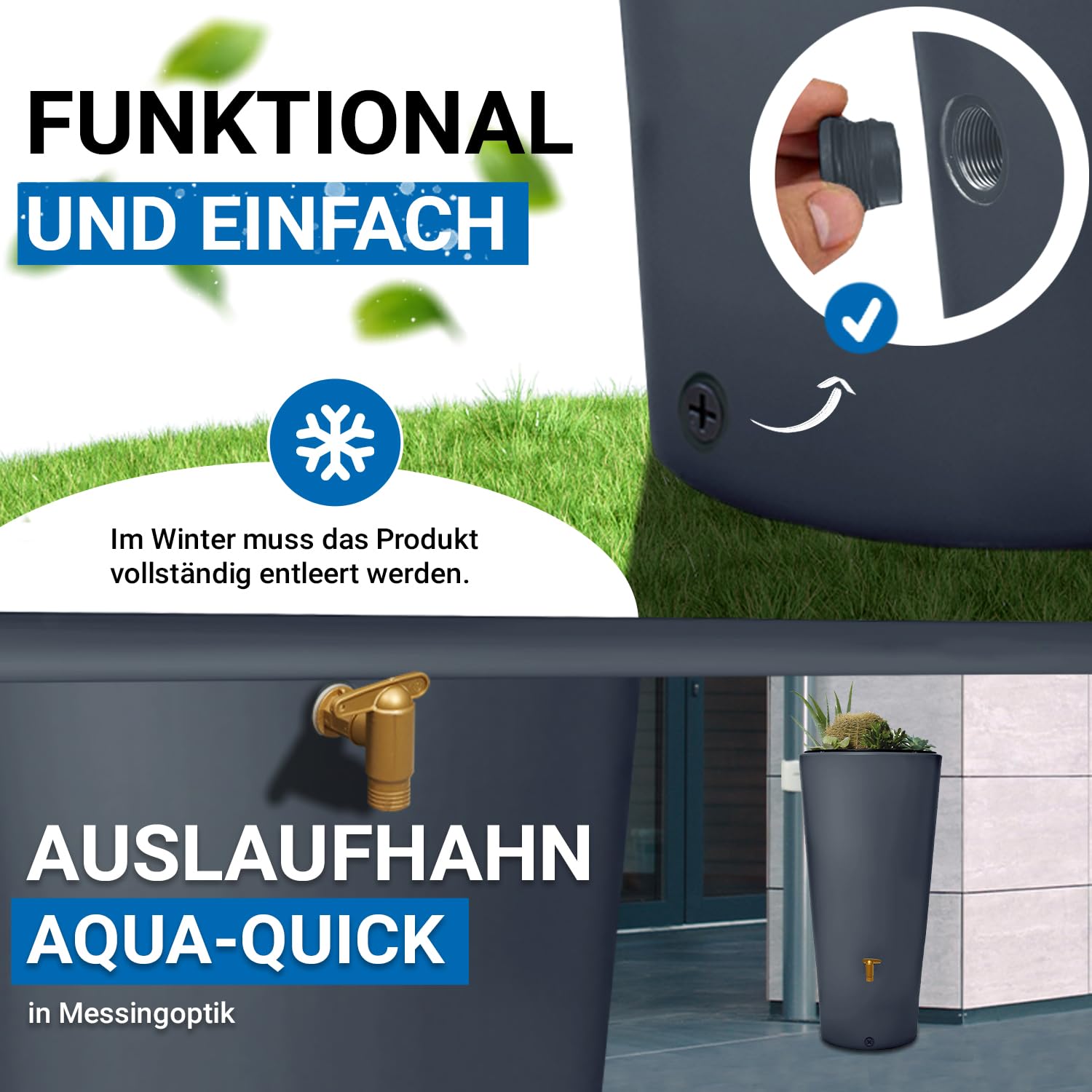 4rain Vaso 2in1 Regentonne 220 Liter Graphite Grey inkl. Pflanzschale | stilvolle Regentonne für Garten mit Auslaufhahn und Pflanzschale nachhaltiger Wassertank in Anthrazit für Bewässerung