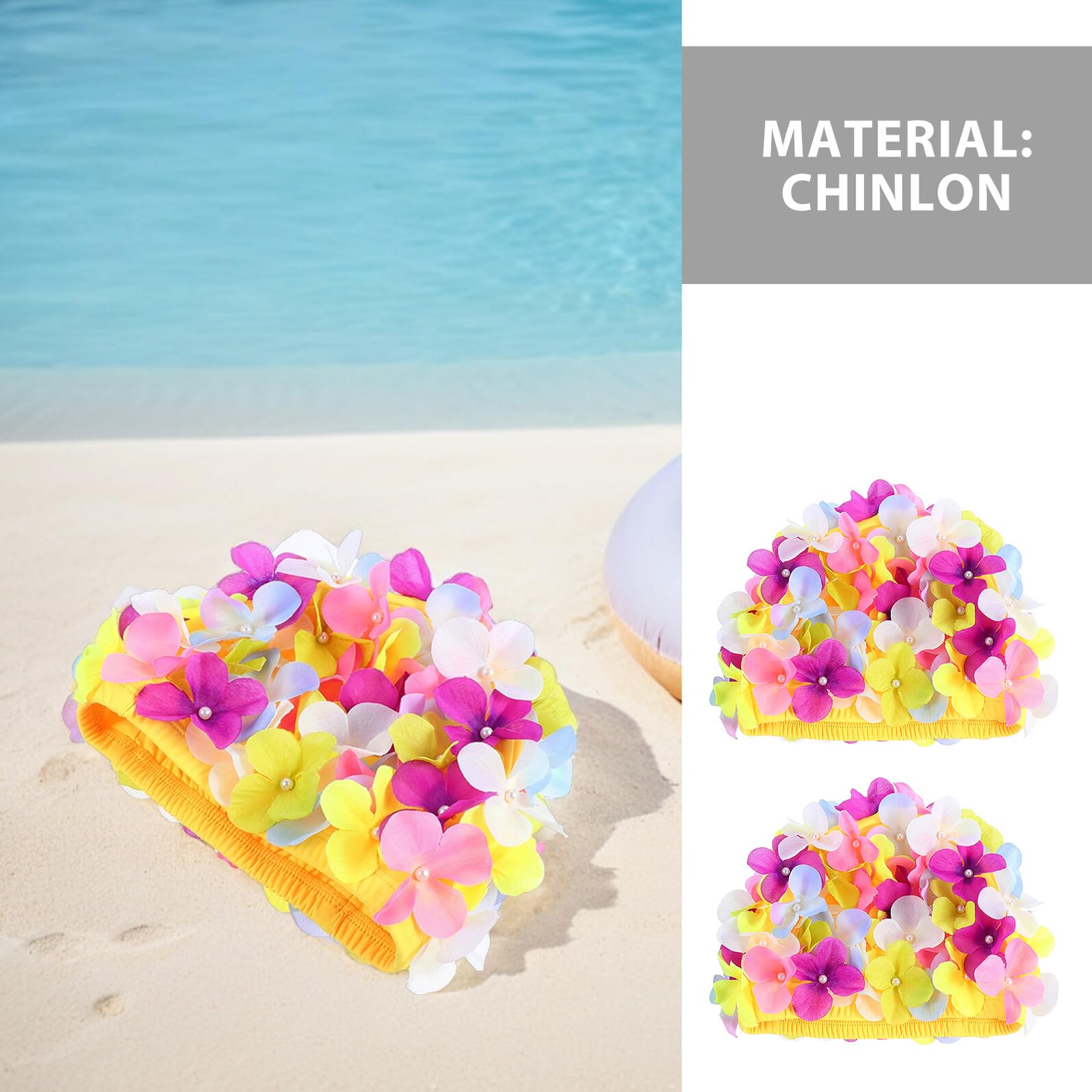 Gorro de Natación de Flores para Mujer 3 Piezas Chinlon | Fiesta Verano, Protección para Cabello Largo y Corto, Diseño Pétalo Retro, Ajuste Grande y Elegante