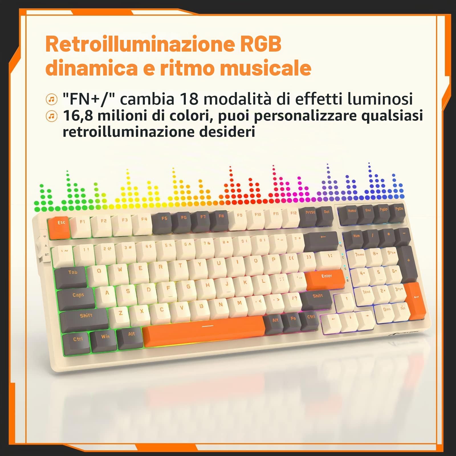 ATTACK SHARK K98 Tastiera da Gioco Meccanica Sostituibile a Caldo con 100 Tasti, BT5.0/2.4G/USB C a Spirale, 3000 mAh,Illuminazione RGB Programmabile,Interruttore a Banana, Poggiapolsi White Cloud