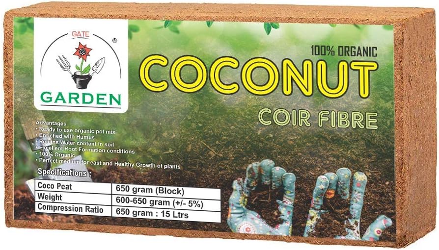 Gate Garden Cocopeat Block (1 Pack, 650gm) | Expands up to 3.25 Kg | Natural Coconut Fibre | Fertilizer for Plants Home Garden | Organic Manure and Compost for Pot Plants | Enriched Potting Soil Mix