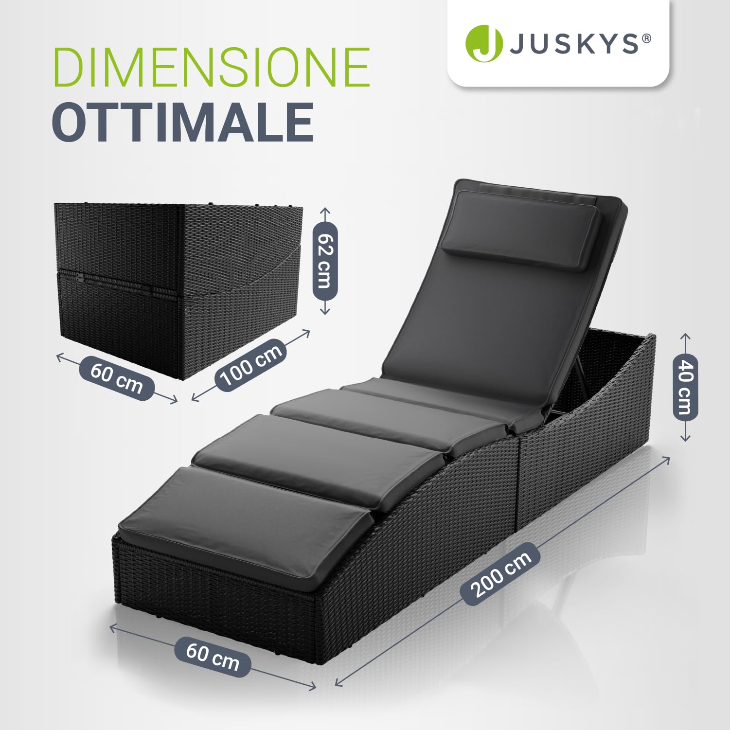 Juskys sdraio pieghevole Lamia – Da giardino, balcone, esterno – Polyrattan con cuscino e poggiatesta regolabile – Caricabile fino a 160 kg – Nero