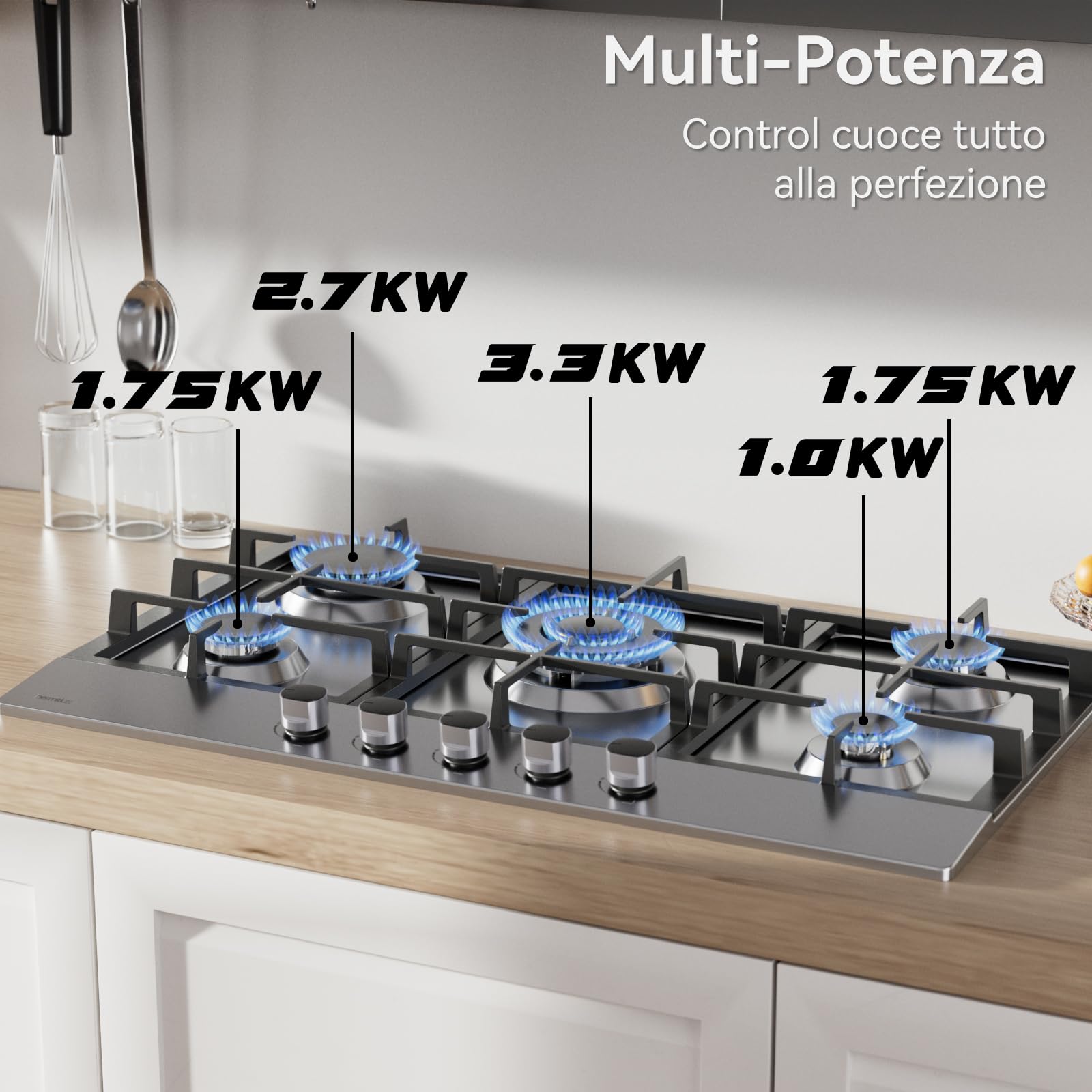 Hermitlux Piano Cottura a Gas 5 Fuochi 85cm da Incasso, per Gas Naturale/Propano, Sicurezza Tramite termocoppia, Acciaio Inossidabile