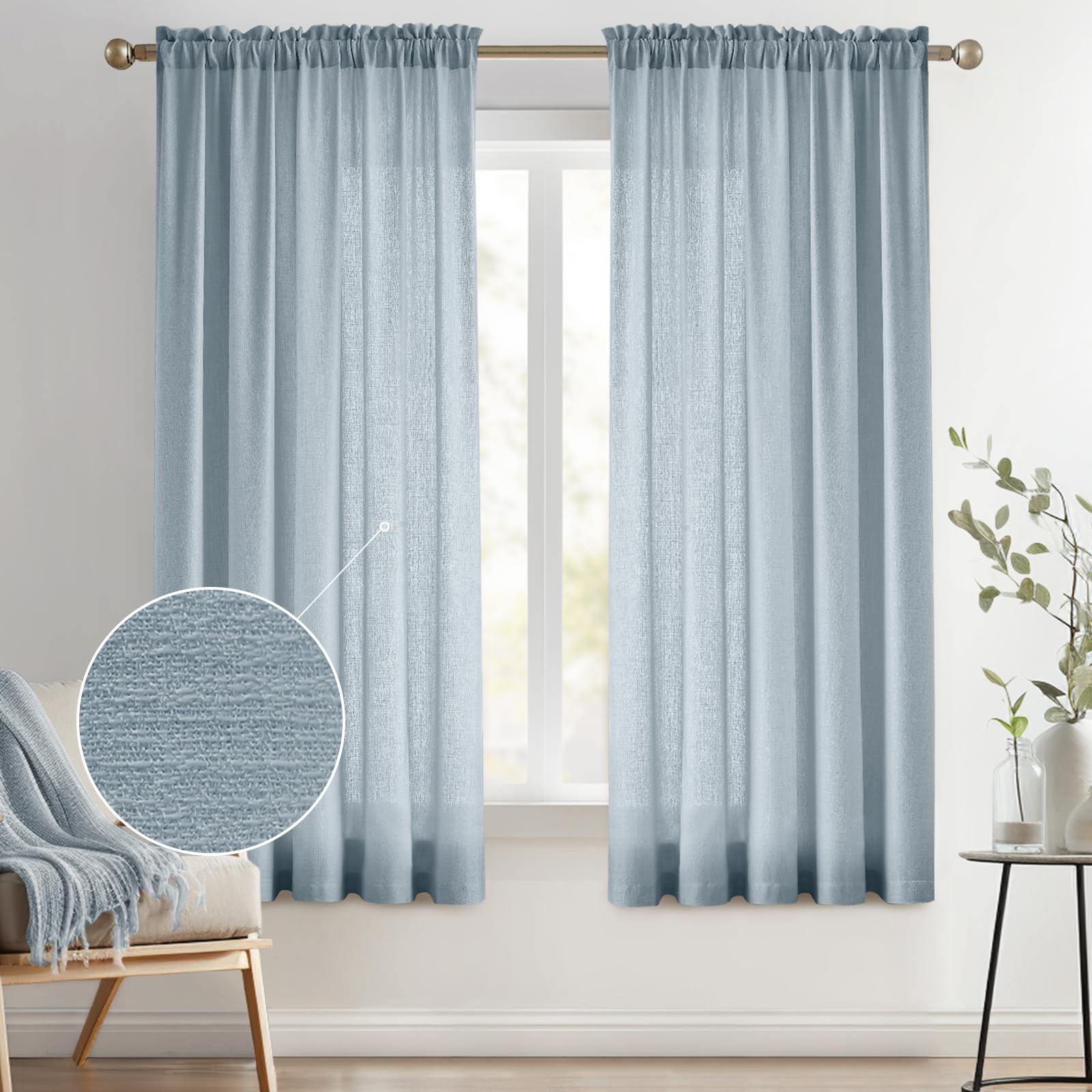 Melodieux Dusty Blue Semi Sheer Curtains 63 Inch Length for Bedroom Living Room, Farmhouse Linen Texture Light Filtering Home Office Shiny Sheer Drapes Rod Pocket, 52" W x 63" L, 2 Panels