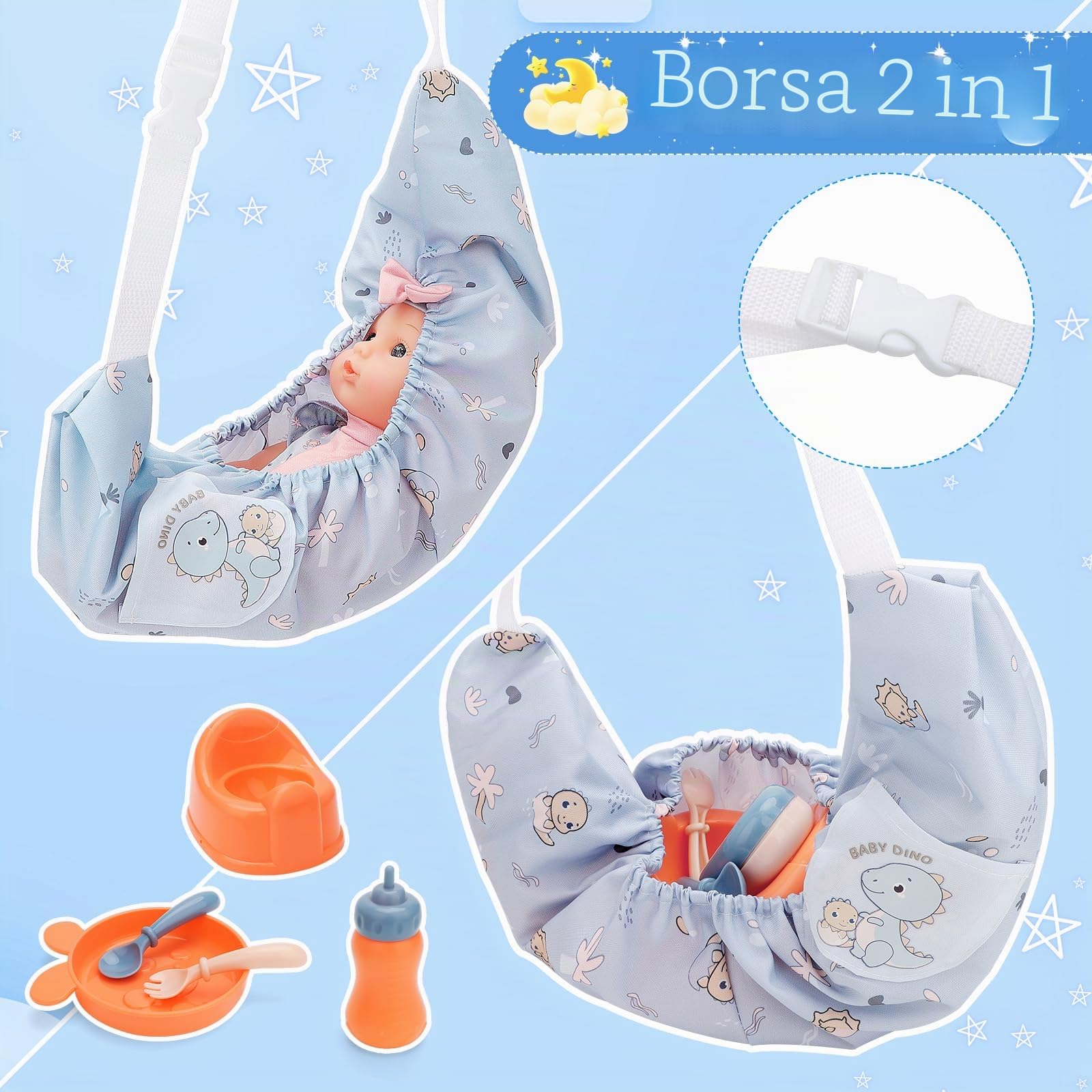 deAO Set Bambola con Passeggino, 30CM Bambola Giocattolo, Culla, Seggiolone, Accessori, Borsa 2 in 1 Pieghevole, Gioco di Ruolo, Regalo per Bambine 3+ Anni | Borsa 2 in 1 Pieghevole, Biberon, Vasino, Stoviglie, Accessori Alimentazione, Gioco di Ruolo, Reg