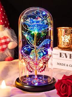 Pusuny Christmas Rose Gifts for Women, Galaxy Glass Rose Flower Gift Forever Eternal Crystal Light Up Roses in Glass Dome with Butterfly Anniversary Birthday Gifts for Women Mom Wife Grandma Blue