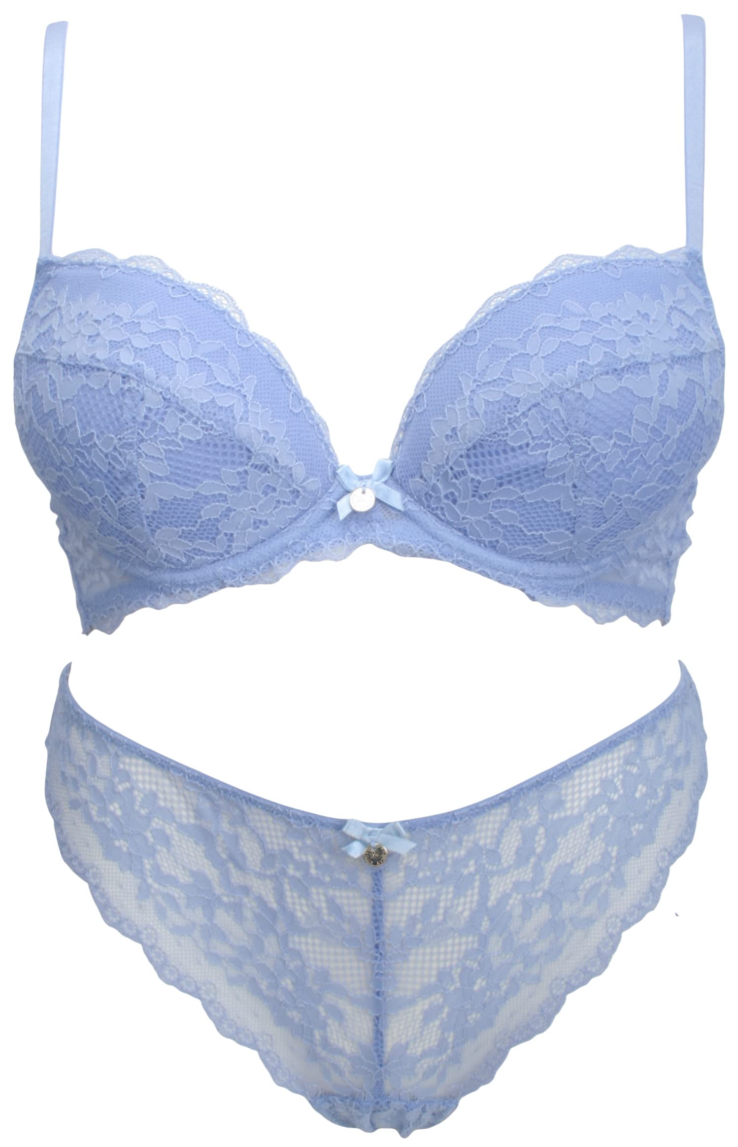 Ex-StoreLightly Padded Underwired Plunge Bra & Brazilian Thong Set Blue