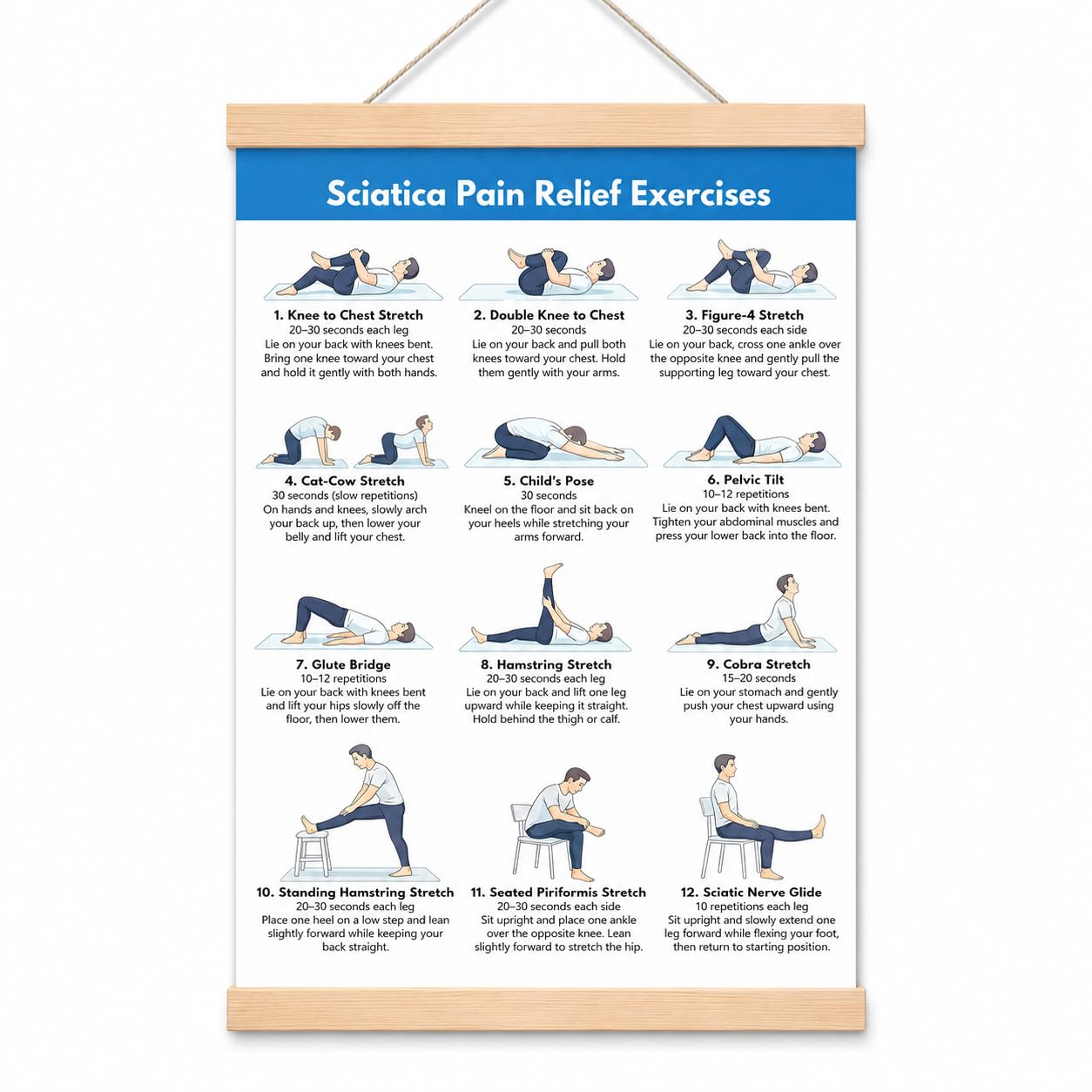 Chair Yoga Exercise Poster with Wooden Frame, Stretching Chart, 30*40cm