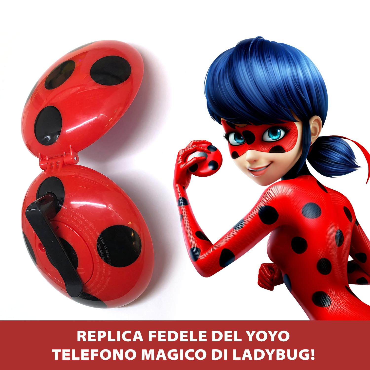 Bandai - Miraculous - Telefono magico di Ladybug - Accessorio di role play per travestirsi da Ladybug - Giocattolo sonoro e luminoso - Giocattolo per bambini 4 anni e +
