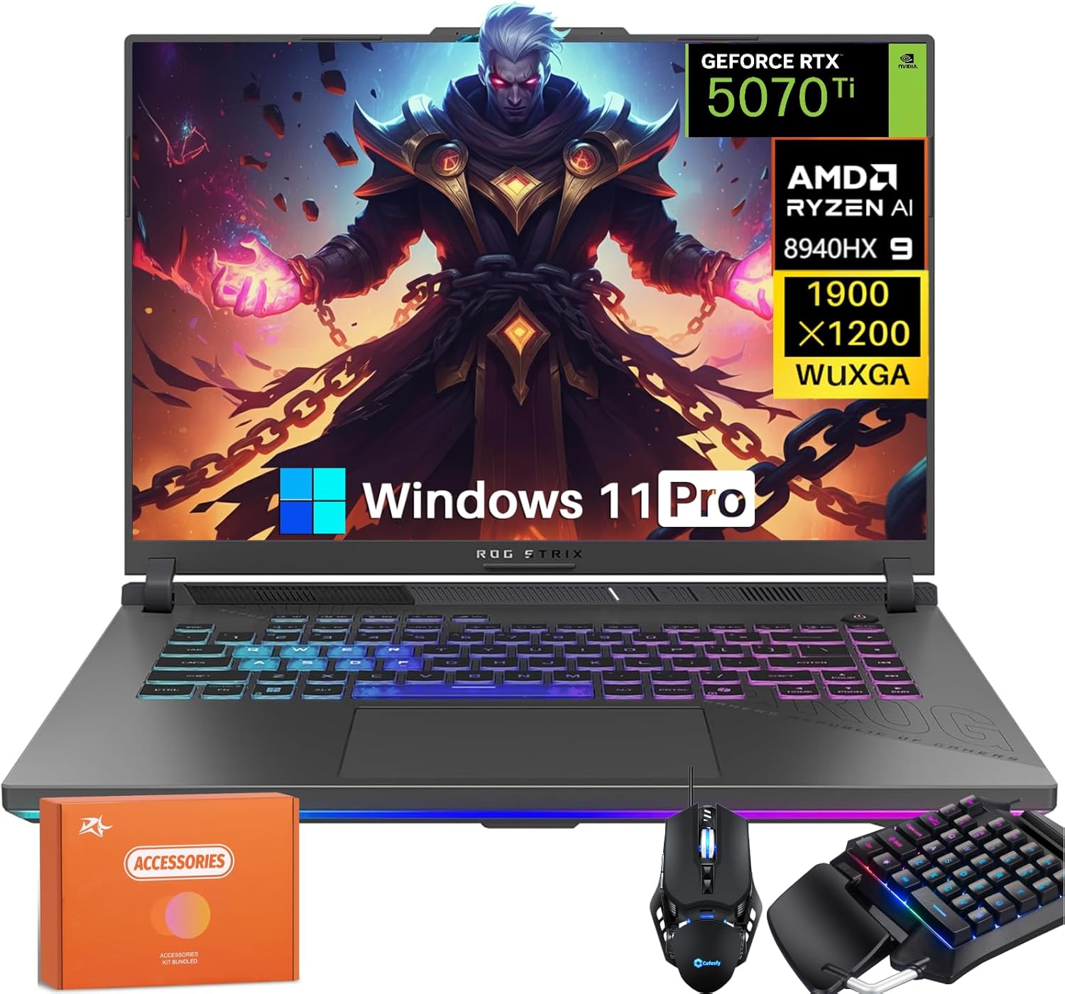 ASUS 2025 ROG Strix G16 Gaming Laptop, RTX 5070Ti 12GB GDDR7, Ryzen 9 8940HX (16 Cores, Up to 5.3GHz), 32GB DDR5, 2TB SSD, 16" WUXGA 165Hz, Windows 11 Pro, W/One-Handed Keyboard & Accessories