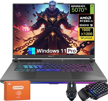 ASUS 2025 ROG Strix G16 Gaming Laptop, RTX 5070Ti 12GB GDDR7, Ryzen 9 8940HX 16 Cores, Up to 5.3GHz, 64GB DDR5, 4TB SSD, 16" WUXGA 165Hz, Windows 11 Pro, W/One-Handed Keyboard & Accessories