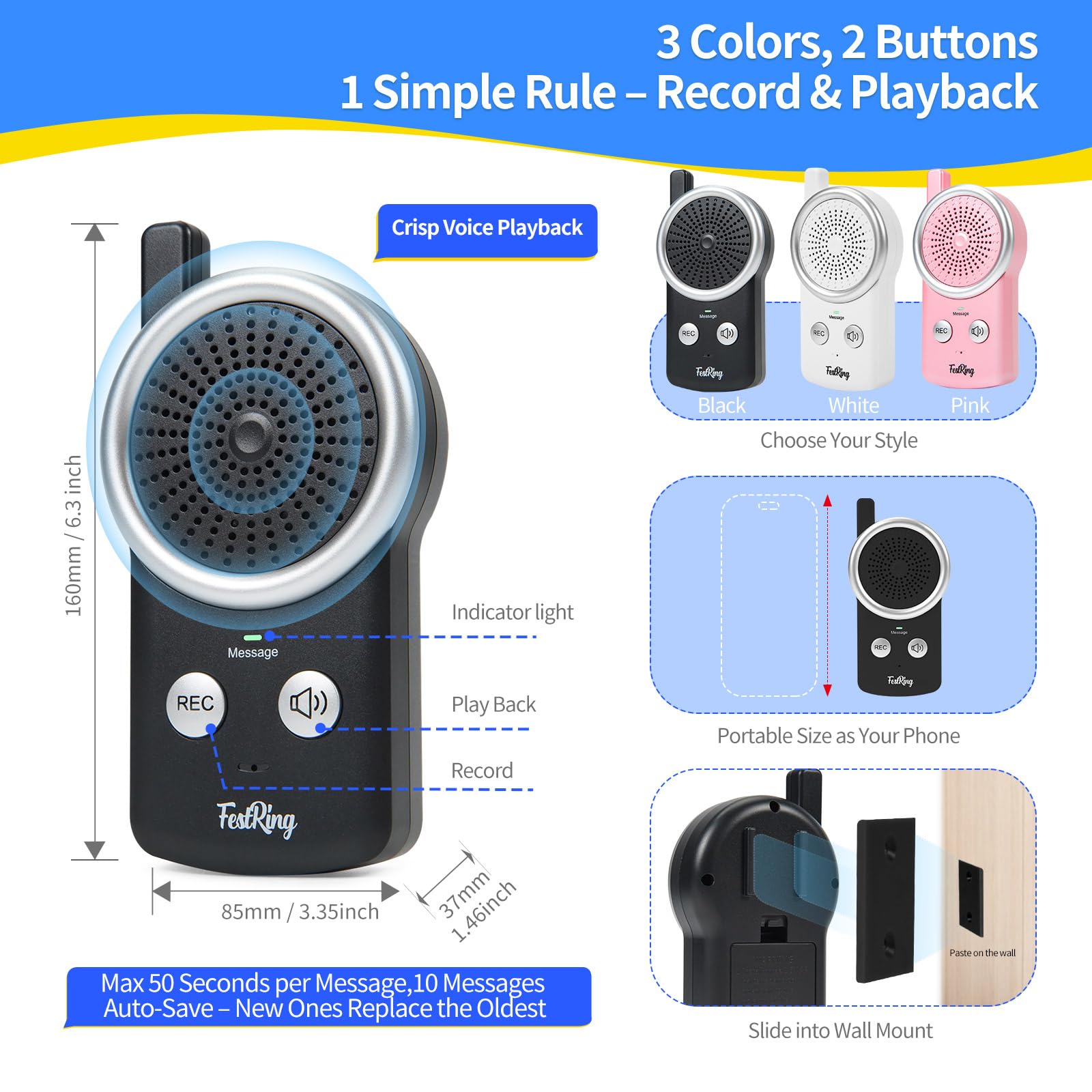 50 Seconds Voice Recorder with Playback Simple Dictaphone & Voice Recorder Device for Kids/Toddlers/Seniors, Portable Recording Device for Quick Note-Taking & Gifts, Small 2-Button Design - Black - Image 2