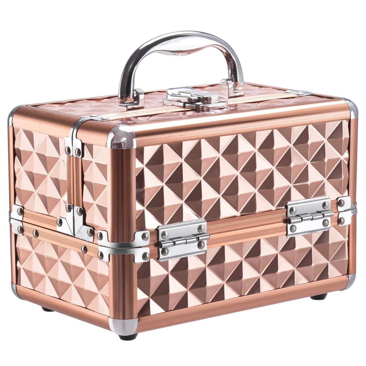 GIANTEX Kosmetikkoffer mit Spiegel, Beauty Make-up Case Schminkkoffer aus ABS und Aluminium, 2 ausziehbare Ablagen, ausklappbarer & tragbarer Etagenkoffer Friseurkoffer Multikoffer (Rosegold)