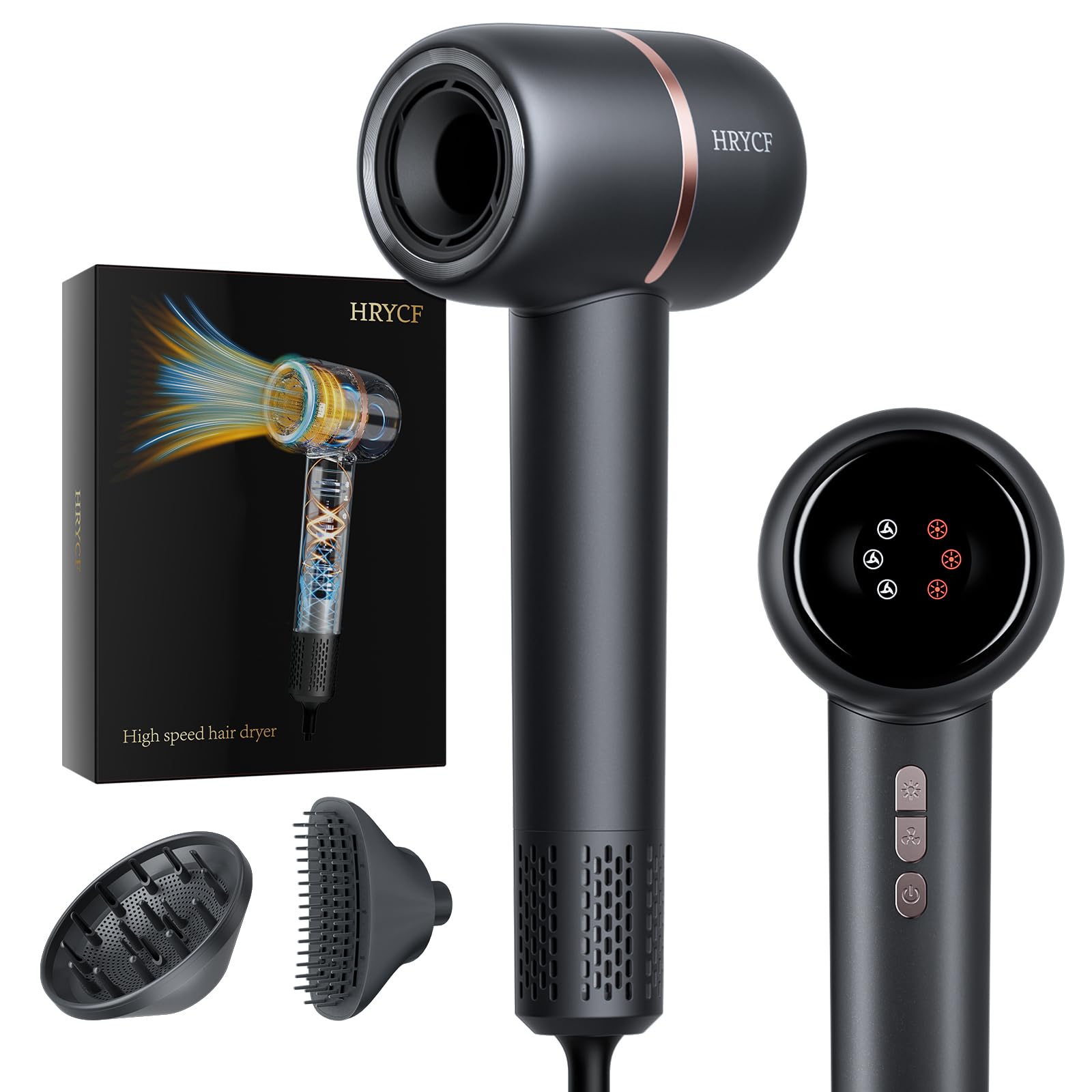 Hair Dryer,Less Heat Damage 160,000RPM High Speed Blow Dryer,Negative Ionic Care Hair Dryer,Fast Drying Ionic Blow Dryer,Thermo-Control Low Noise with Smoothing Brush & Diffuser Darkgray