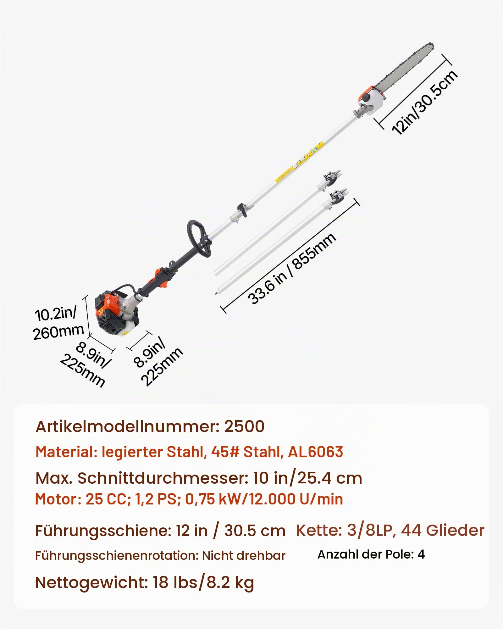 VEVOR Benzin-Hochentaster 25ccm 2-Takt, Motorsäge, Teleskopsäge mit 2,12–3,62 m ausziehbarer Stange, 30,5 cm Schwert, 650 ml Kraftstofftank, für ein kraftvolles Sägen in hohen Baumkronen