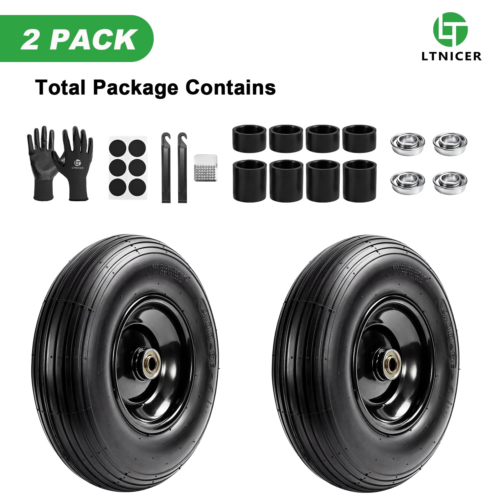Schubkarrenreifen, 13 Zoll Luftreifen und Rad mit 5/8 Zoll oder 3/4 Zoll Lager, 4,4 cm - 14,6 cm Mittelnabe 4,00-6 Luftreifen für Schubkarren, Trolleys, Gartenwagen, 2 Stück