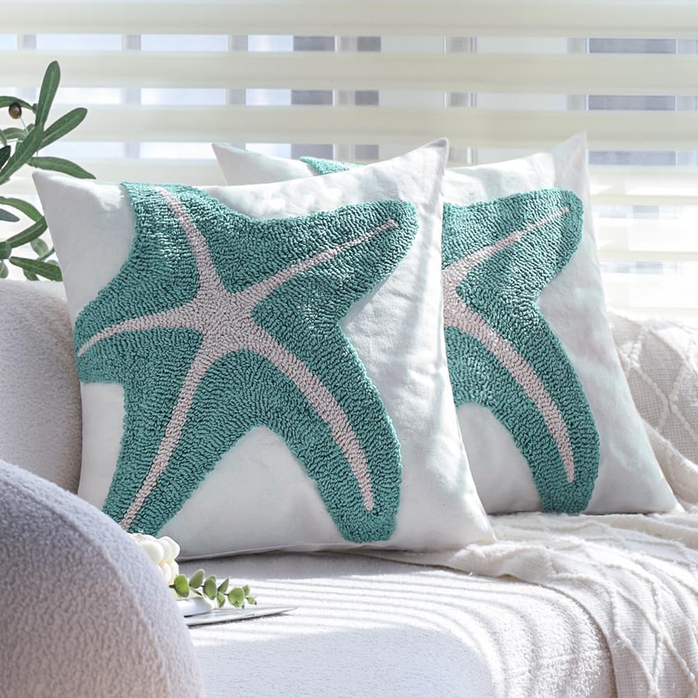 Tufted Starfish Throw Pillow Cover Set of 2, 18x18 Inch Beachy Coastal Decor Pillows for Couch Bed Sofa, Soft Canvas Decorative Pillow Covers with Ocean Theme Accent, Sea Star Tufting Pillowcases