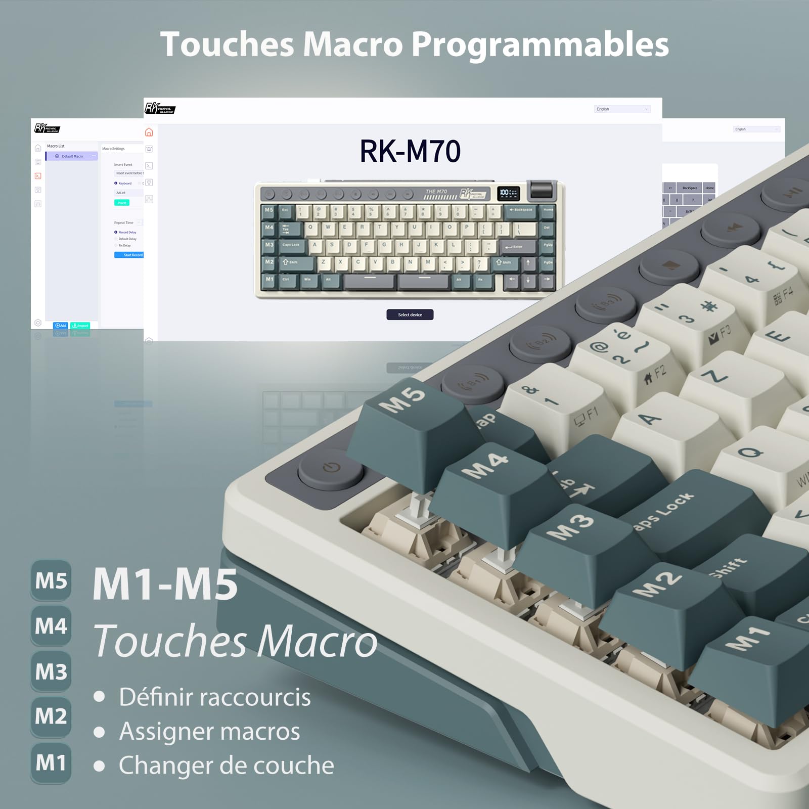 RK ROYAL KLUDGE M70 Clavier Mécanique 75% sans Fil - Triple Connexion, 5 Macros Programmables, Écran État, Molette Verticale, Switches Creamy Tactiles Hot-Swap, AZERTY Français, Batterie 6000mAh