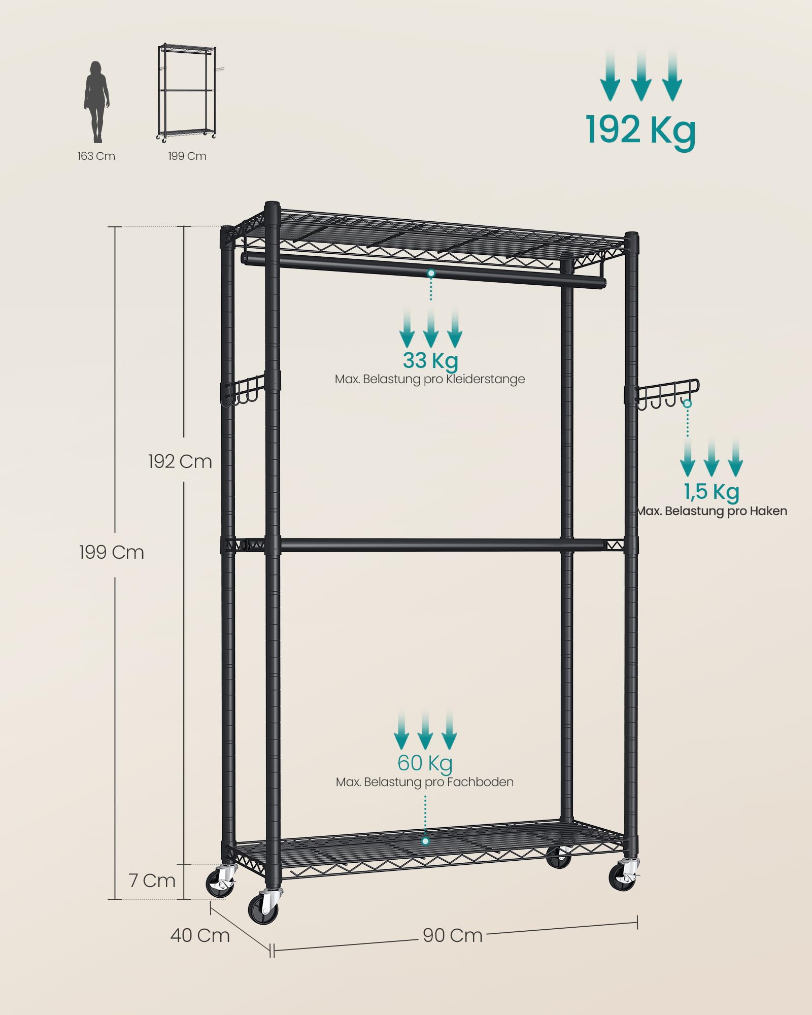 SONGMICS Kleiderständer, Schwerlast, 2 Kleiderstangen, bis 192 kg | Garderobenständer aus Stahl, mit Rollen, Höhenverstellbar, 2 Ablagen, 90 x 40 x 199 cm, DALTEN Kollektion LGR416BH01