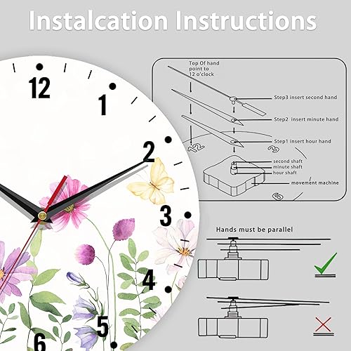 Miniatura 5 de SPUNKER Reloj para dormitorio, relojes de pared de flores silvestres para decoración de sala de estar, flores de mariposa, relojes de cocina de