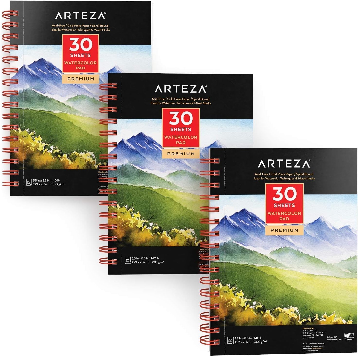 Arteza Watercolor Pad5.5x8.5 3 Pack Premium Watercolour Paper Pad, 3 Pack, 90 Sheets, 13.9 X 21.6 Cm, Spiral Bound, 300Gsm Watercolour Paper, Cold-Pressed, Acid-Free, Art Supplies For Watercolour Techniques And Mixed Media
