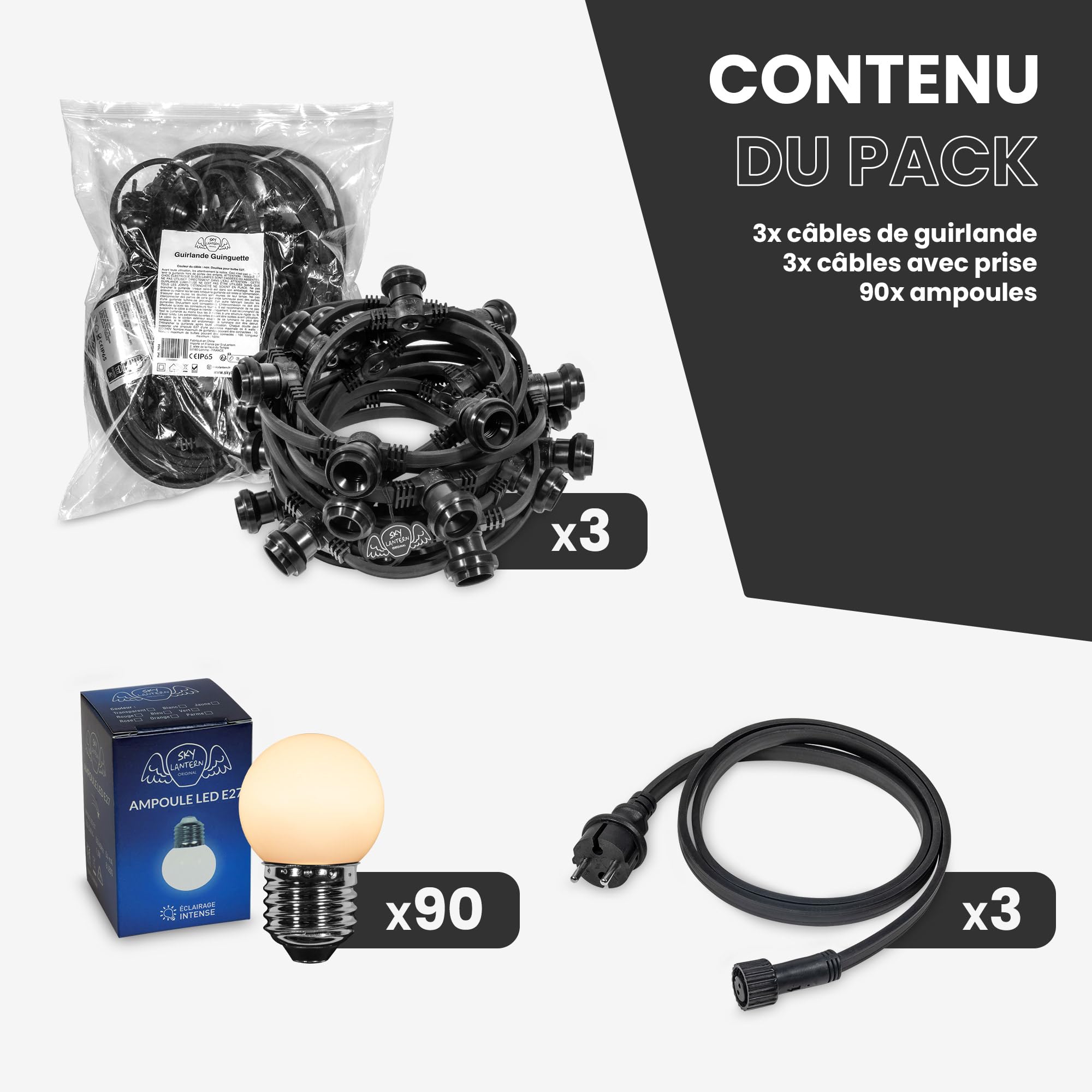 SKYLANTERN Guirnalda Luces Exterior 30M 90 Bombillas LED E27 Blanco Cálido 2800K IP65 Impermeable Bulbos Redondos Para Evento Boda Jardín